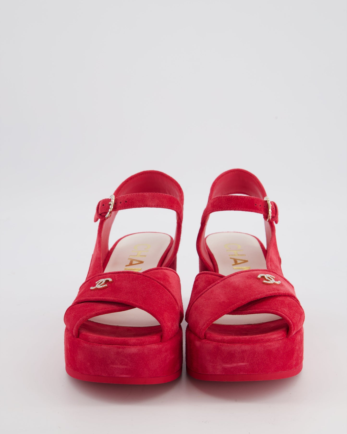 Chanel *HOT* Strawberry Red Suede Platform Sandals with Crystal CC Logo Detail Size EU 38.5C