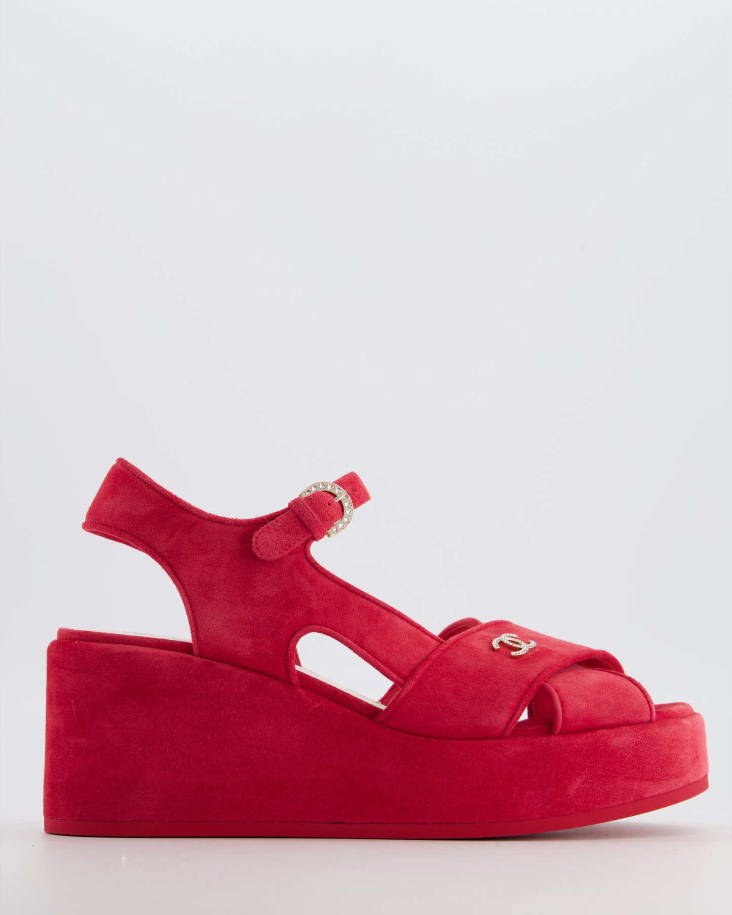 Chanel *HOT* Strawberry Red Suede Platform Sandals with Crystal CC Logo Detail Size EU 38.5C