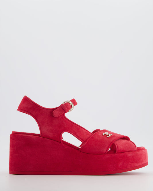 Chanel *HOT* Strawberry Red Suede Platform Sandals with Crystal CC Logo Detail Size EU 38.5C