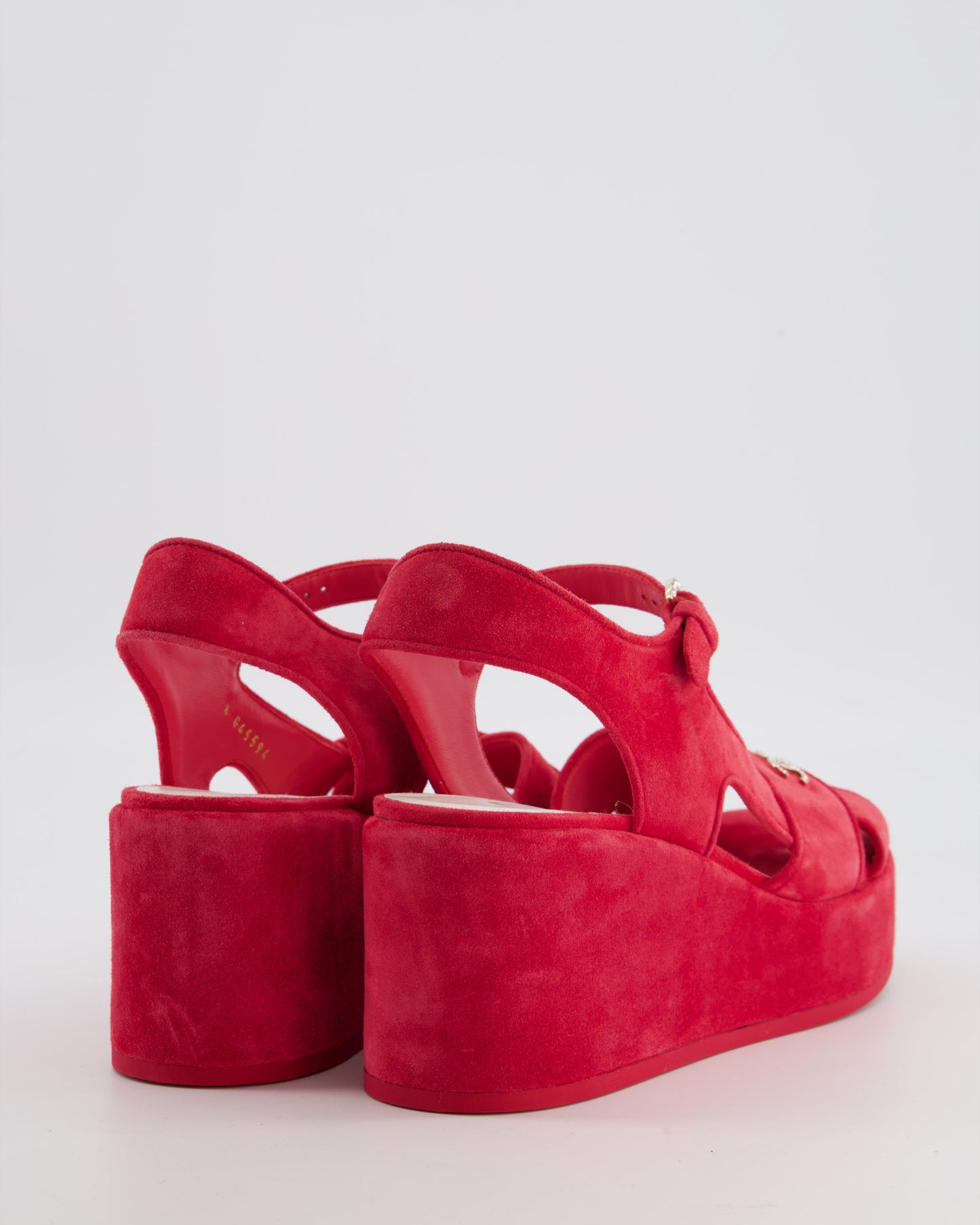 Chanel *HOT* Strawberry Red Suede Platform Sandals with Crystal CC Logo Detail Size EU 38.5C