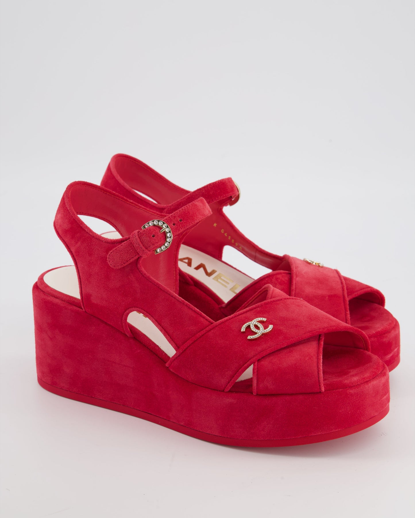 Chanel *HOT* Strawberry Red Suede Platform Sandals with Crystal CC Logo Detail Size EU 38.5C