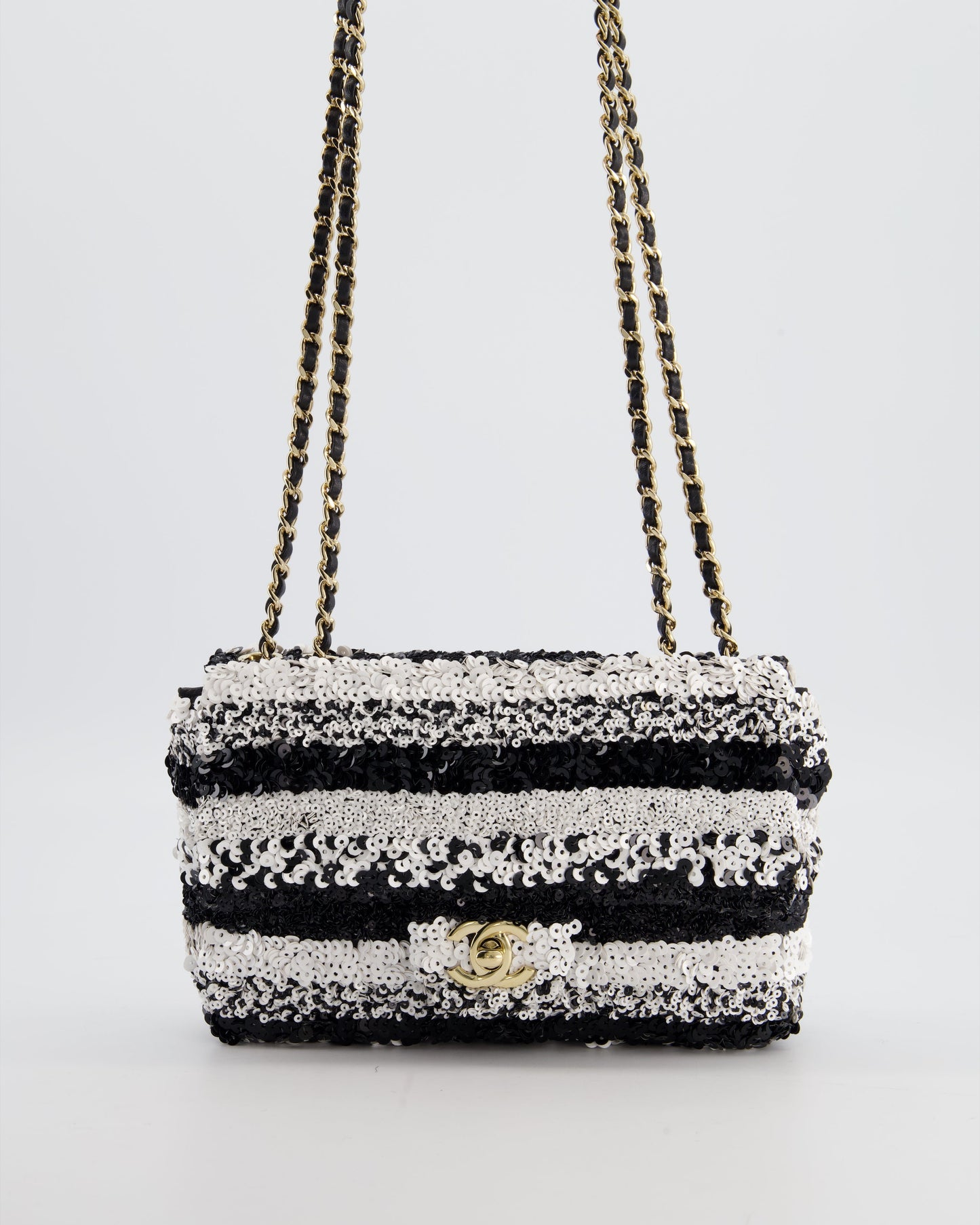 Chanel *HOT* Black and White Stripe Sequin Coco Mark Single Flap Bag with Champagne Gold Hardware