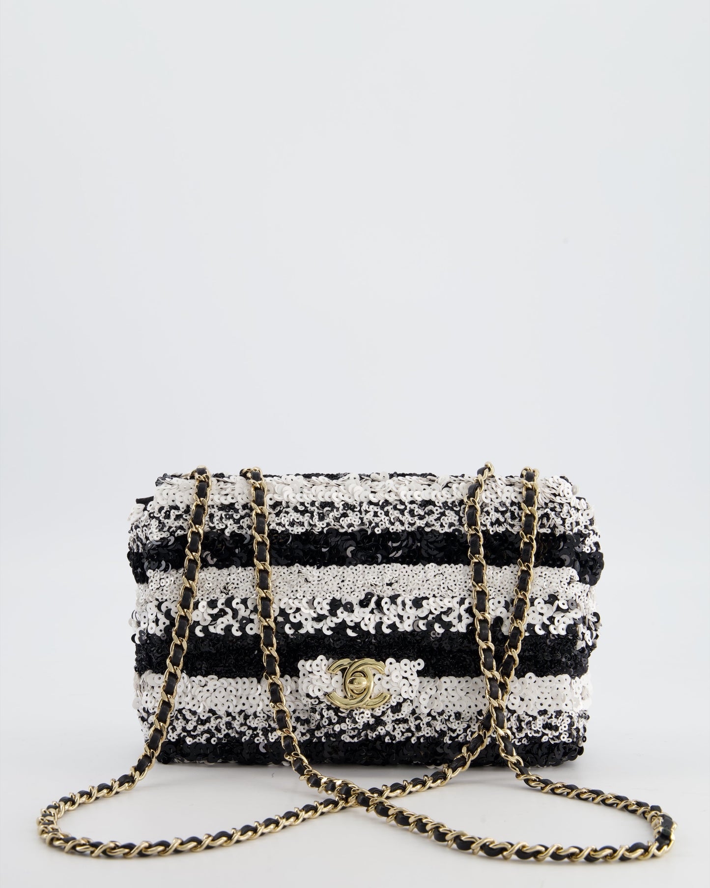 Chanel *HOT* Black and White Stripe Sequin Coco Mark Single Flap Bag with Champagne Gold Hardware