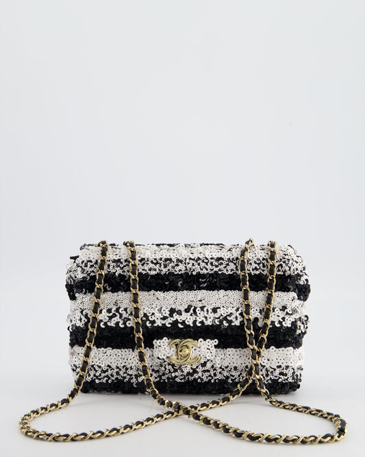 Chanel *HOT* Black and White Stripe Sequin Coco Mark Single Flap Bag with Champagne Gold Hardware