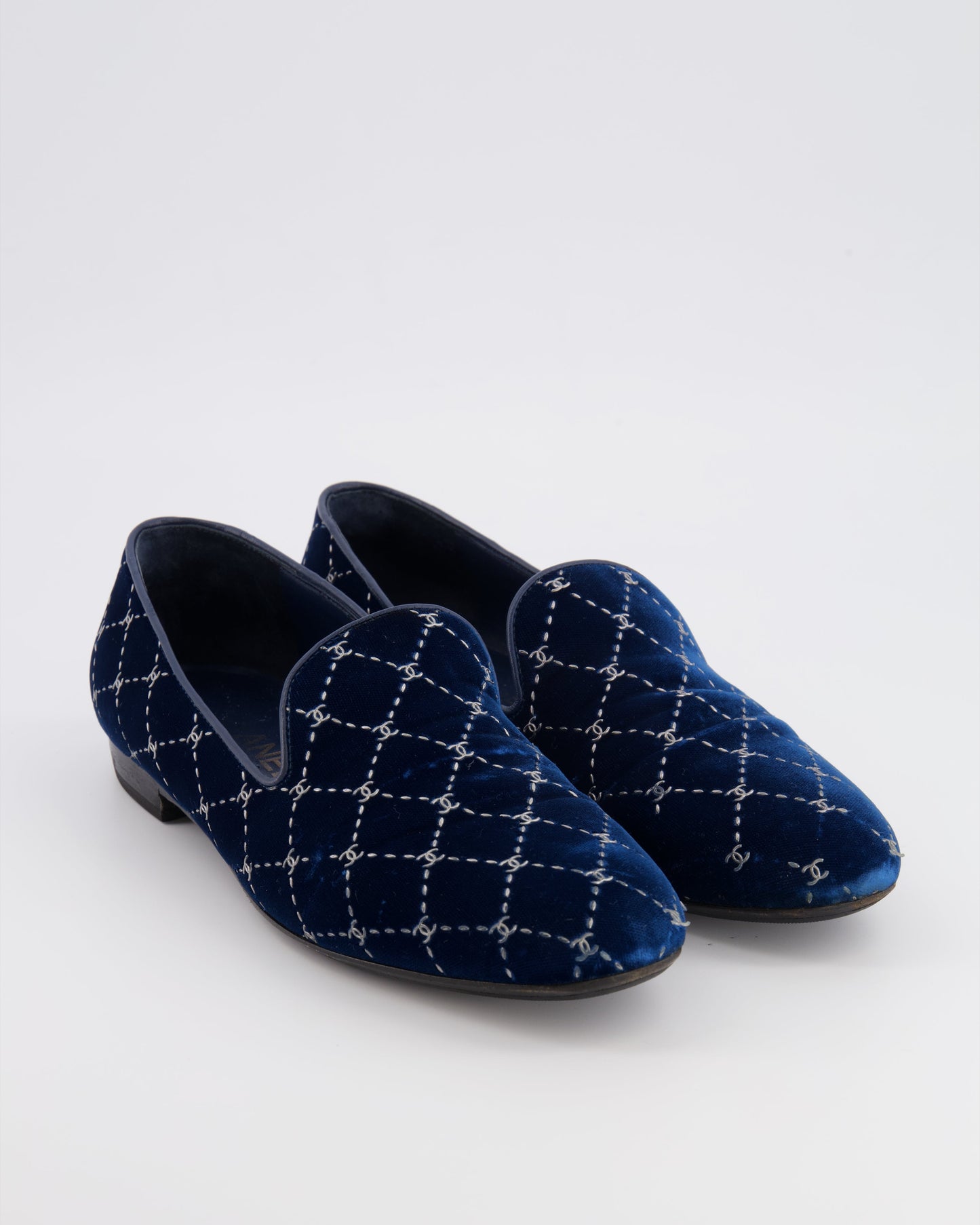 Chanel Navy Velour Loafers with Silver Diamond Stitch Pattern and CC Logos Size EU