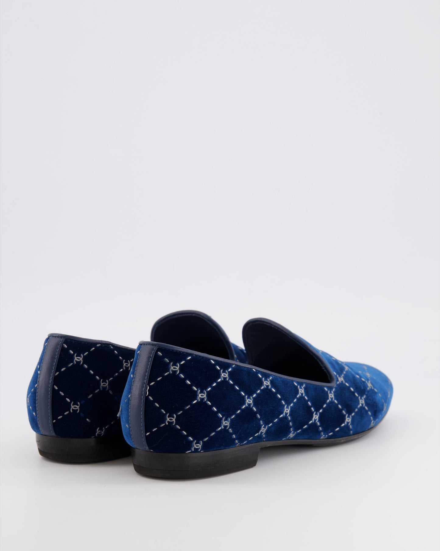 Chanel Navy Velour Loafers with Silver Diamond Stitch Pattern and CC Logos Size EU
