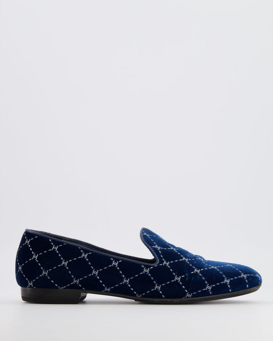 Chanel Navy Velour Loafers with Silver Diamond Stitch Pattern and CC Logos Size EU
