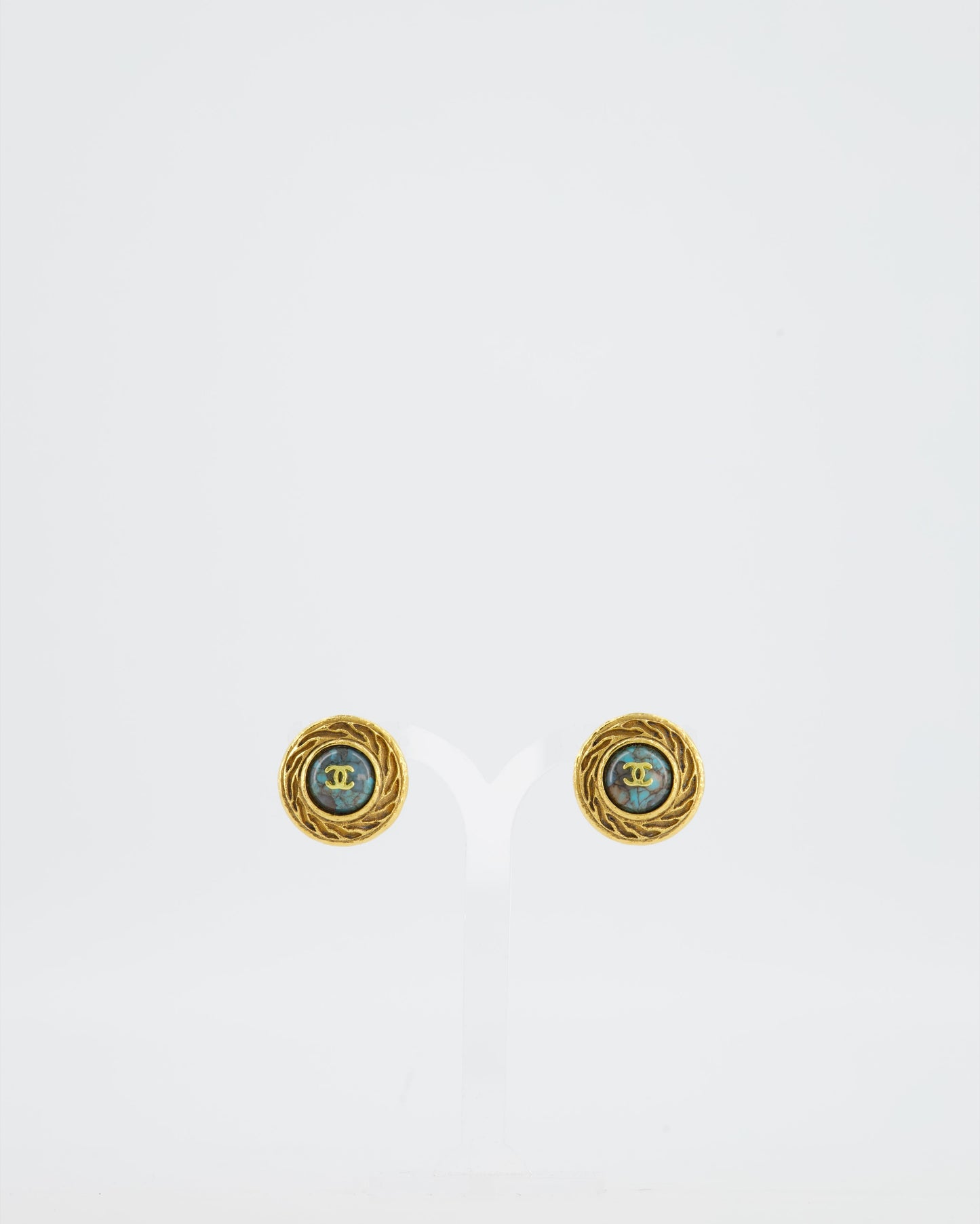 Chanel Gold and Turquoise Round Clip On Earrings with CC Logo Detail Jewelry