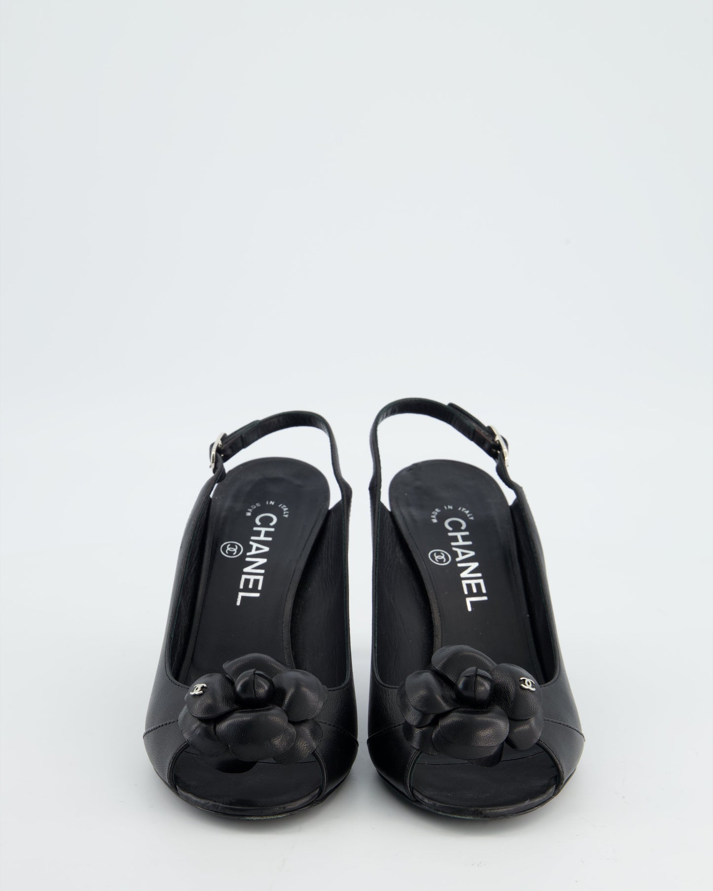 Chanel Black Camelia Leather Heeled Slingback with Open Toe Detail Size EU 37.5 Accessory