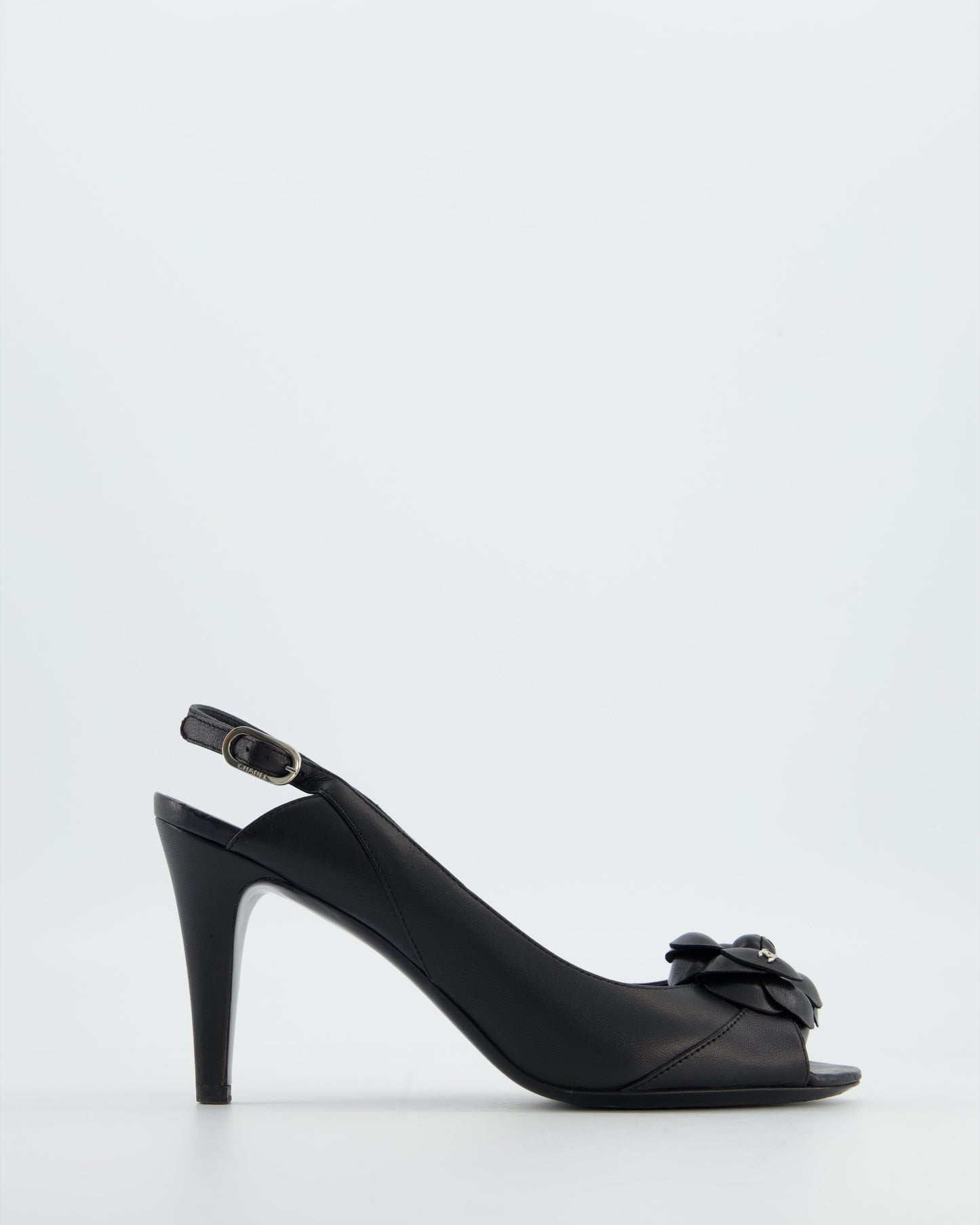 Chanel Black Camelia Leather Heeled Slingback with Open Toe Detail Size EU 37.5 Accessory
