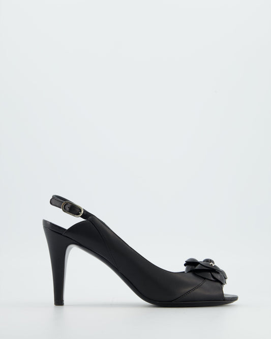 Chanel Black Camelia Leather Heeled Slingback with Open Toe Detail Size EU 37.5 Accessory