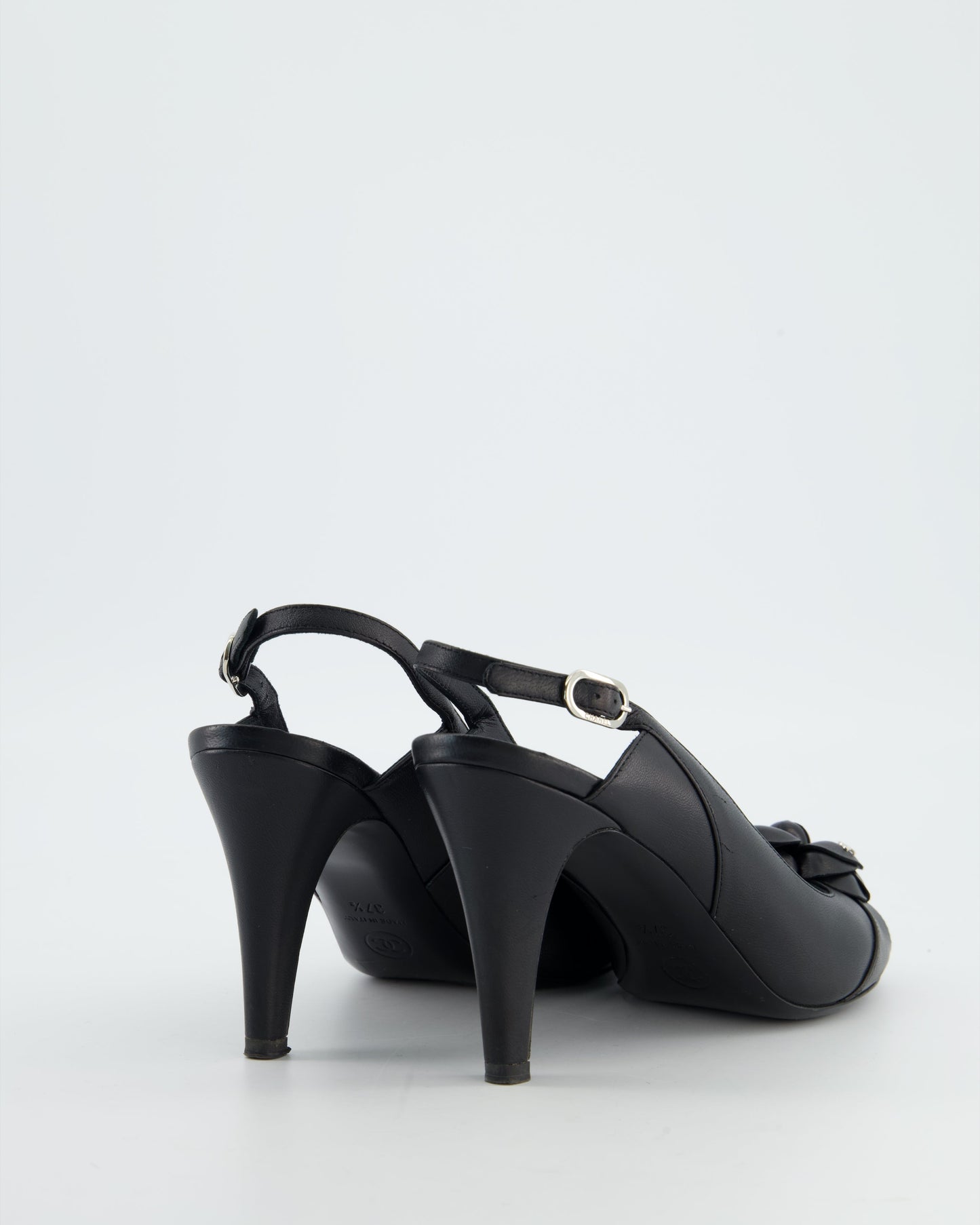 Chanel Black Camelia Leather Heeled Slingback with Open Toe Detail Size EU 37.5 Accessory