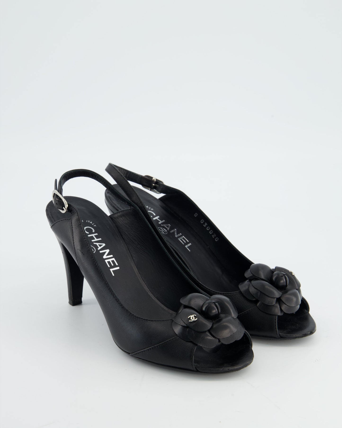 Chanel Black Camelia Leather Heeled Slingback with Open Toe Detail Size EU 37.5 Accessory