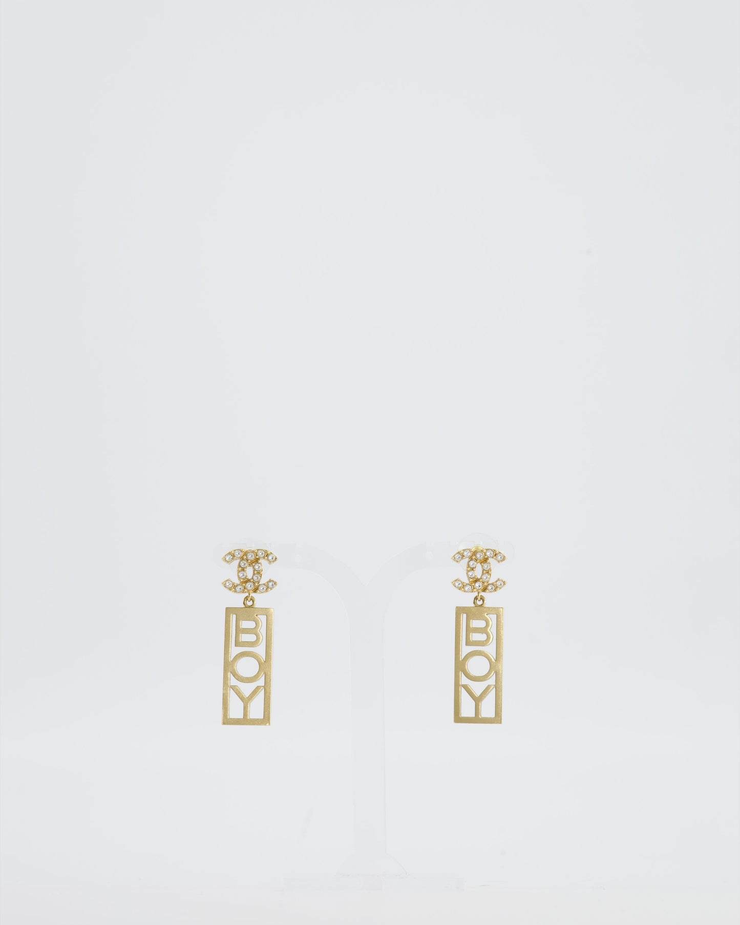 Chanel Gold Crystal CC Earrings Drop BOY Pendant