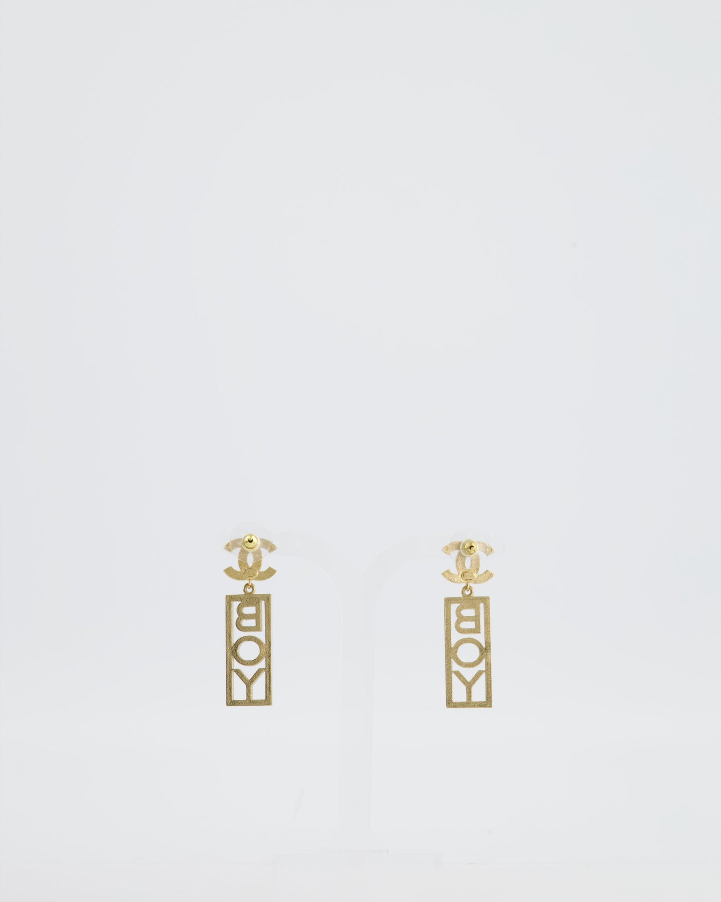Chanel Gold Crystal CC Earrings Drop BOY Pendant