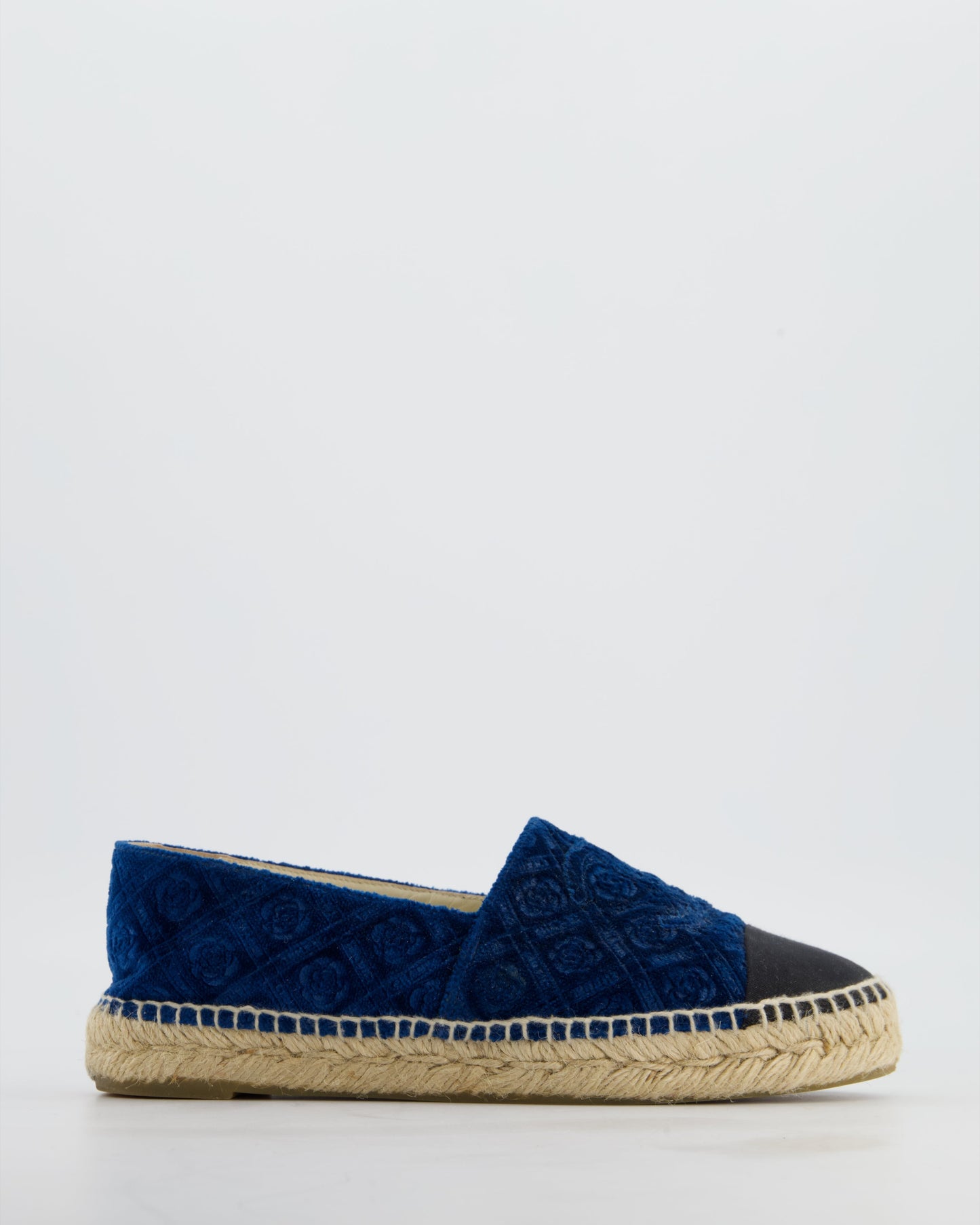 Chanel Blue Velvet Rose Print Espadrilles with CC Logo Size EU 37 Accessory