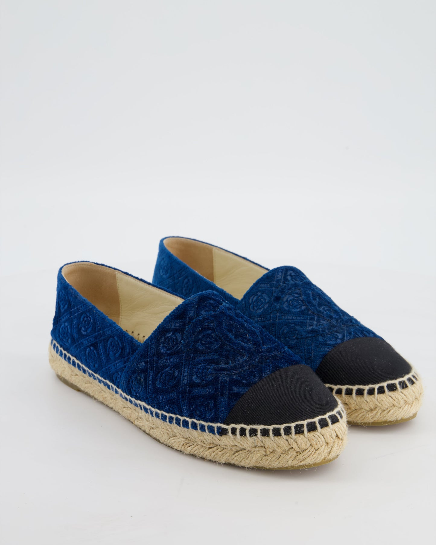 Chanel Blue Velvet Rose Print Espadrilles with CC Logo Size EU 37 Accessory