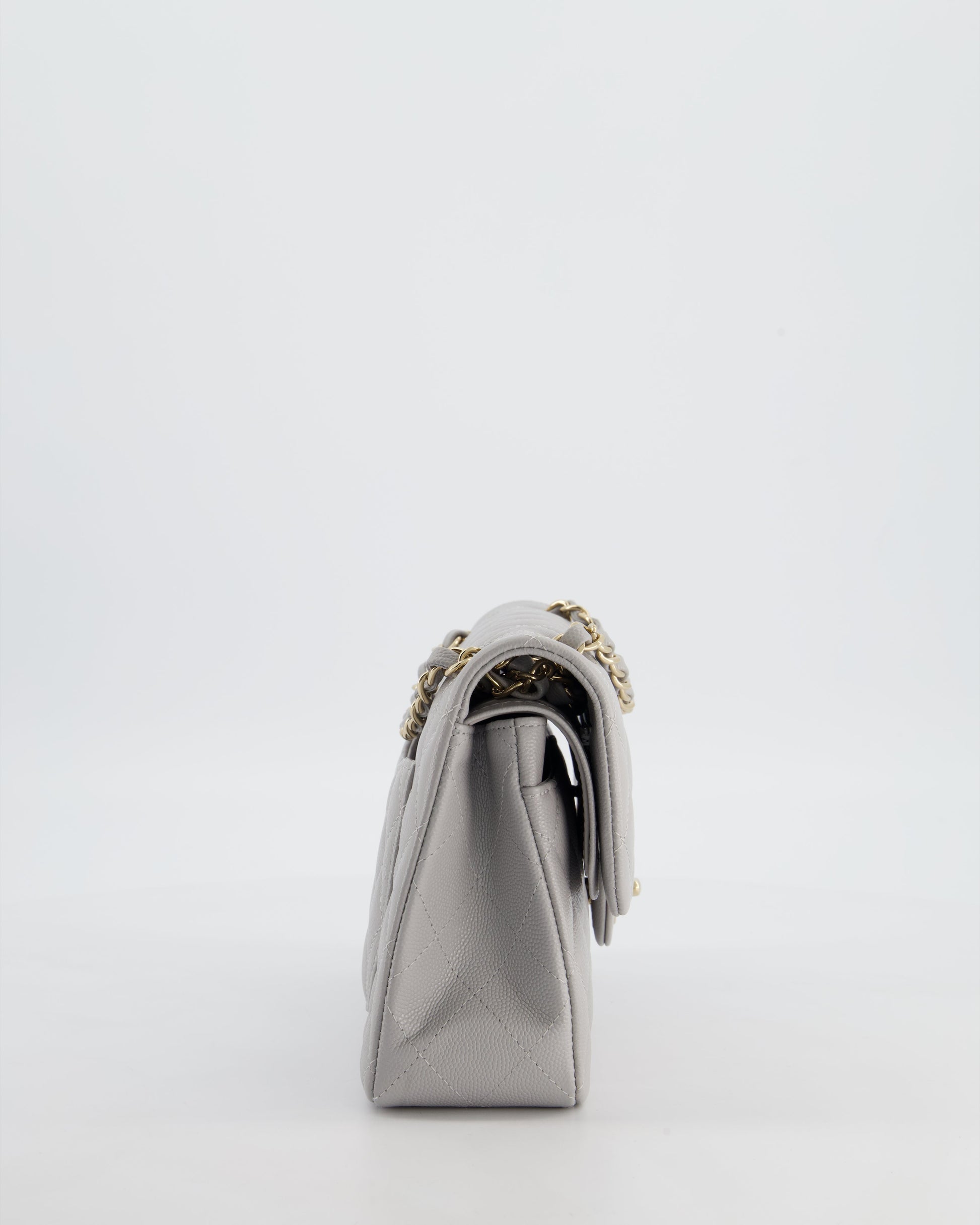 Chanel Dove Grey Small Classic Double Flap Bag in Caviar Leather with Champagne Gold Hardware