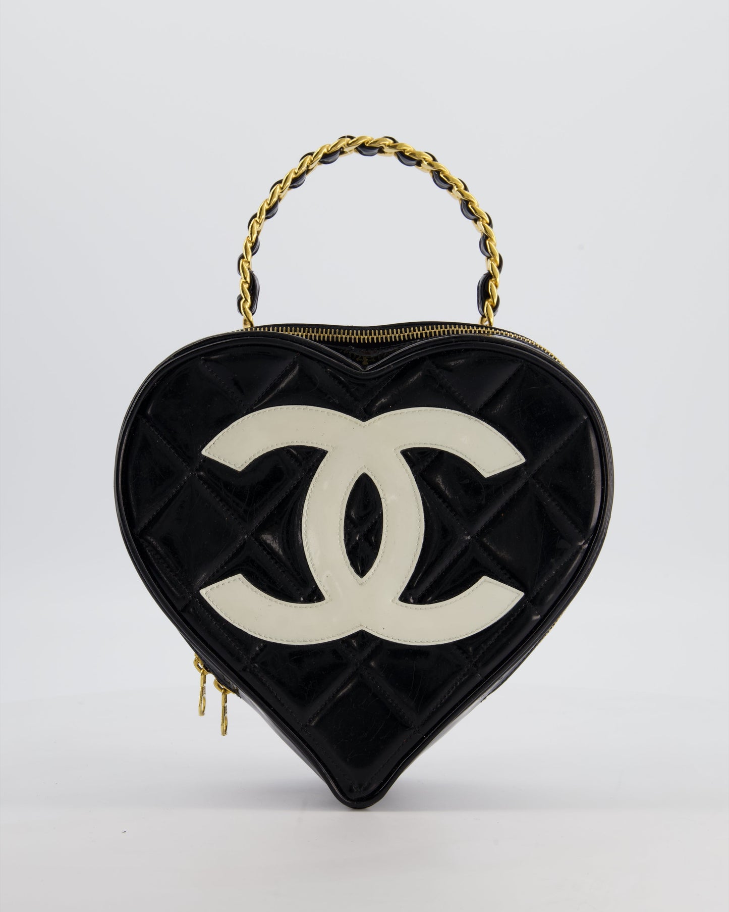 *RARE COLLECTORS ITEM* Chanel 1995   Black Heart Vanity Bag with White CC Logo and Gold Chain Handle Detail