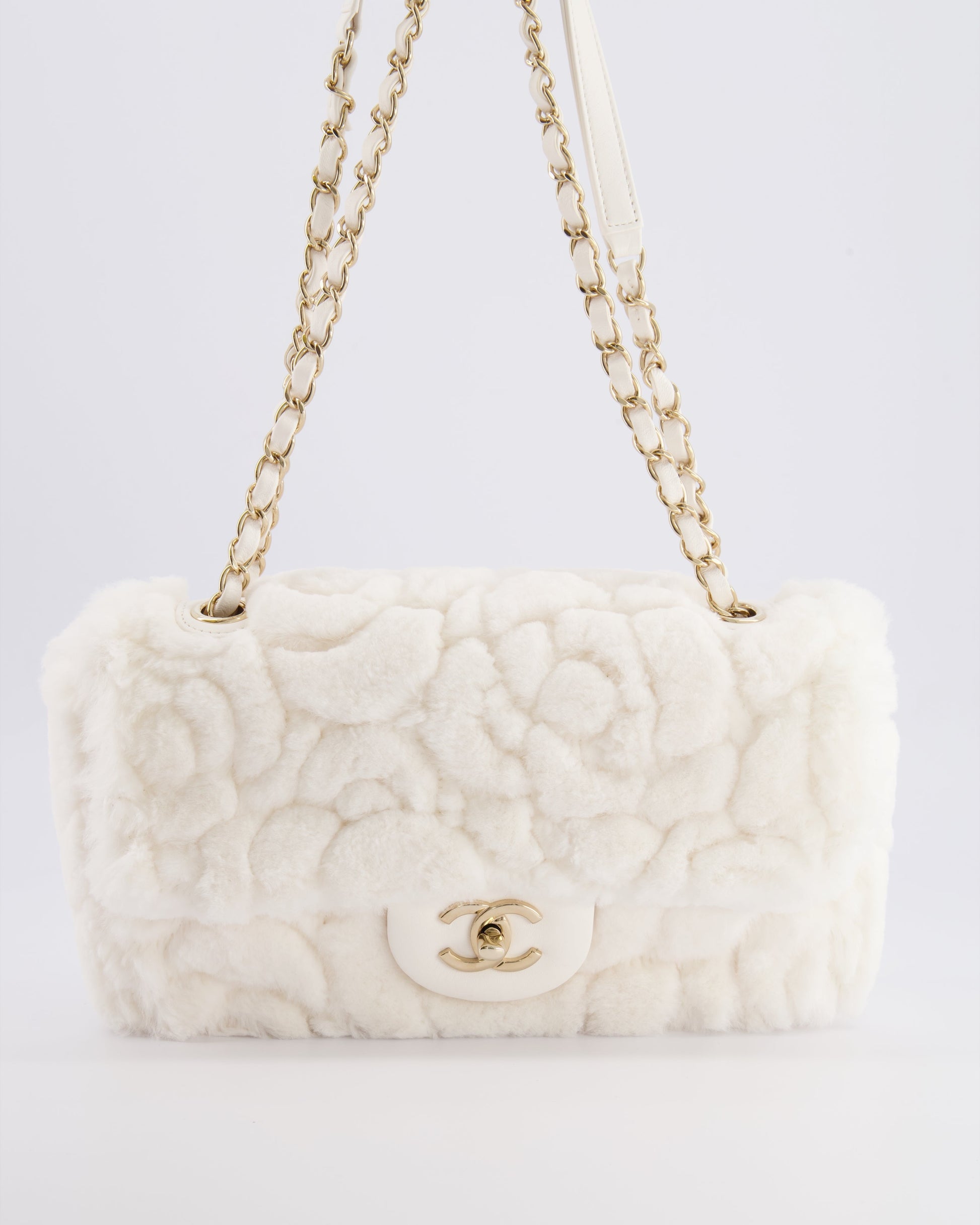 *RARE* Chanel White Rabbit Fur Classic Single Flap Bag with Camelia Flower Motif and Champagne Gold Hardware