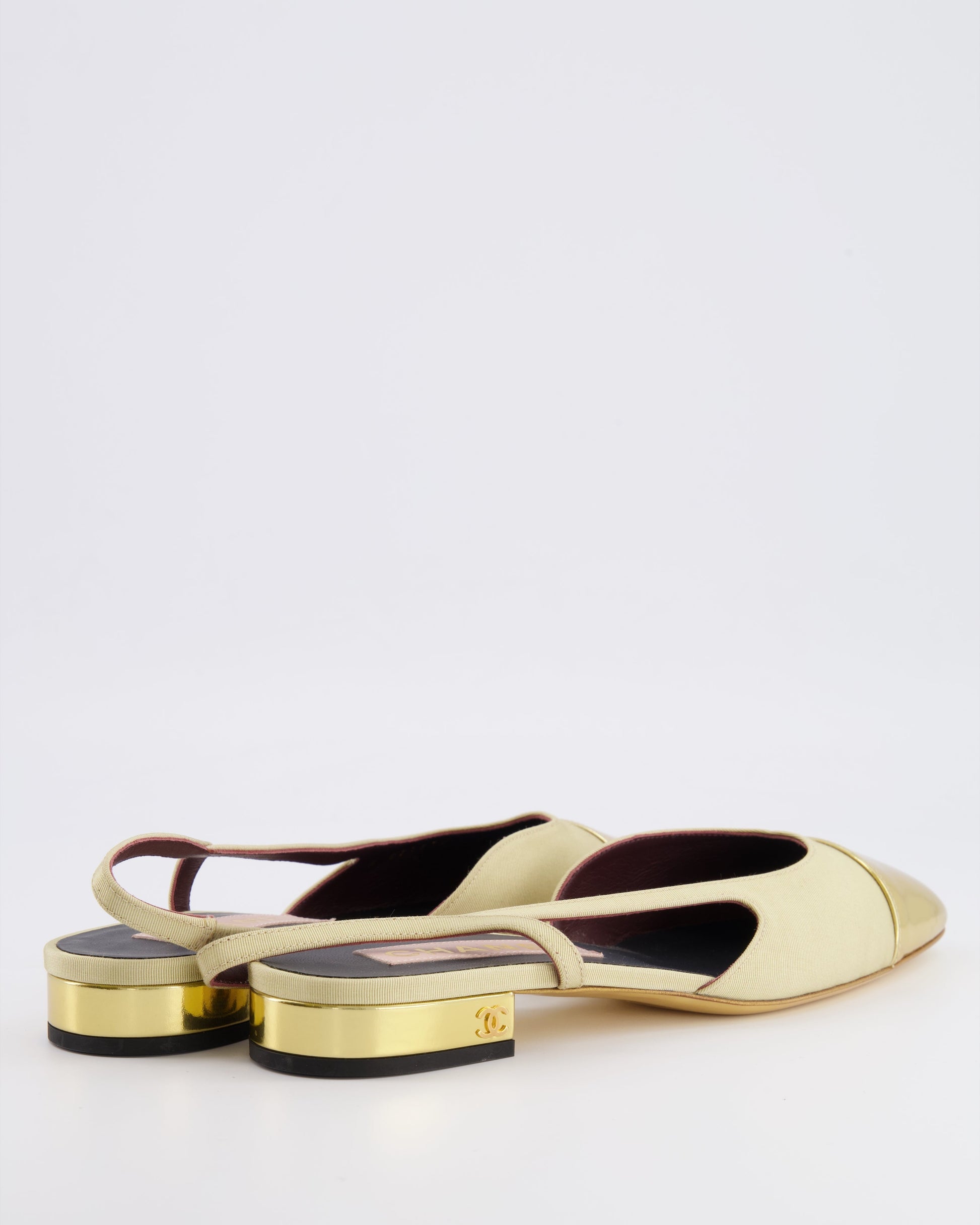 Chanel Beige Canvas Slingback with Gold Patent Leather Toe Cap and Gold CC Logo Size EU 39