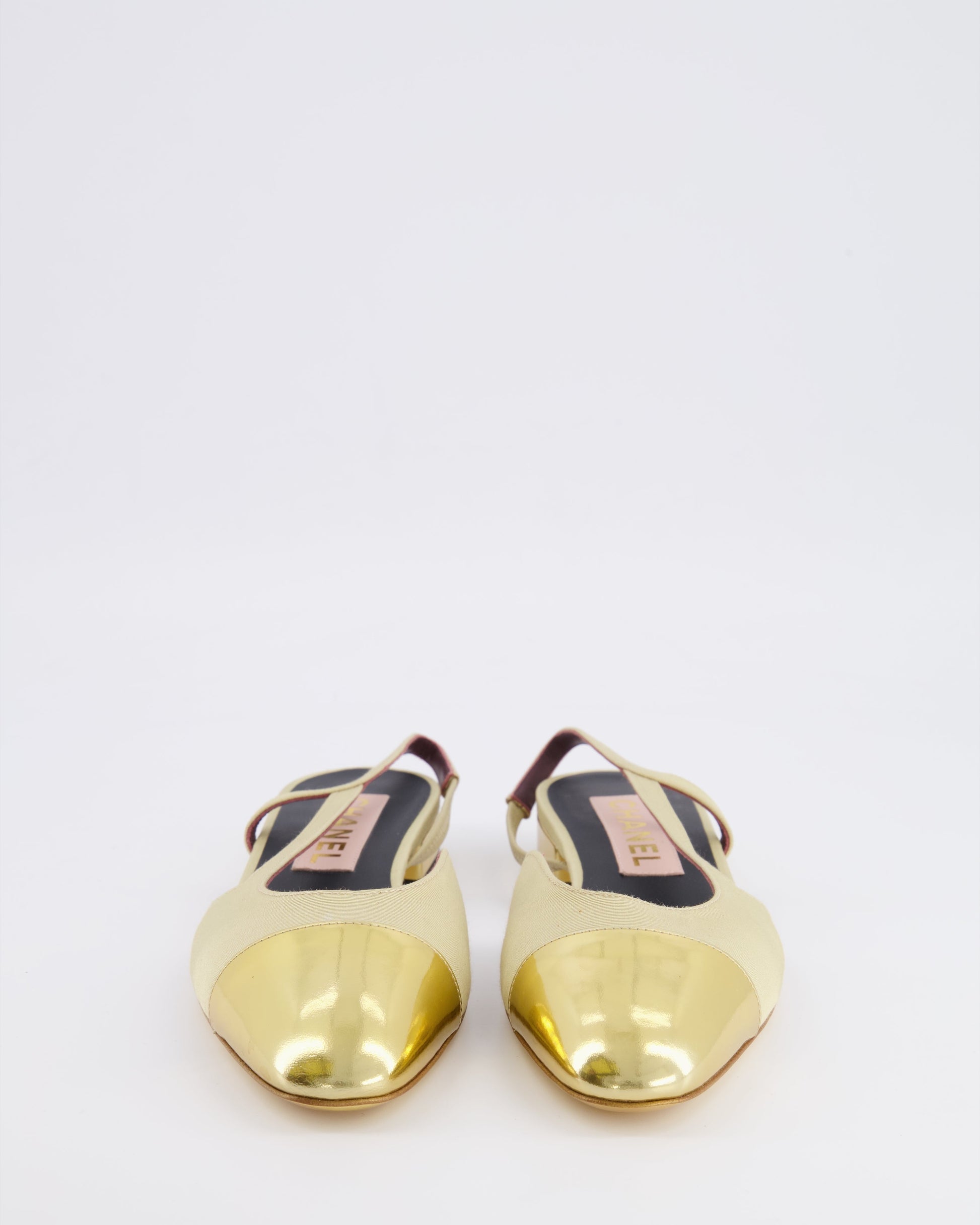 Chanel Beige Canvas Slingback with Gold Patent Leather Toe Cap and Gold CC Logo Size EU 39