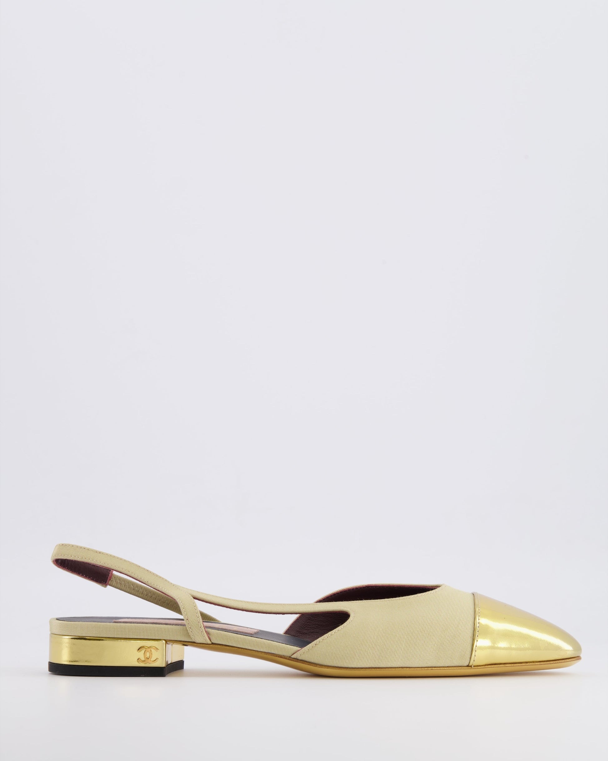 Chanel Beige Canvas Slingback with Gold Patent Leather Toe Cap and Gold CC Logo Size EU 39