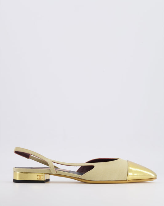 Chanel Beige Canvas Slingback with Gold Patent Leather Toe Cap and Gold CC Logo Size EU 39
