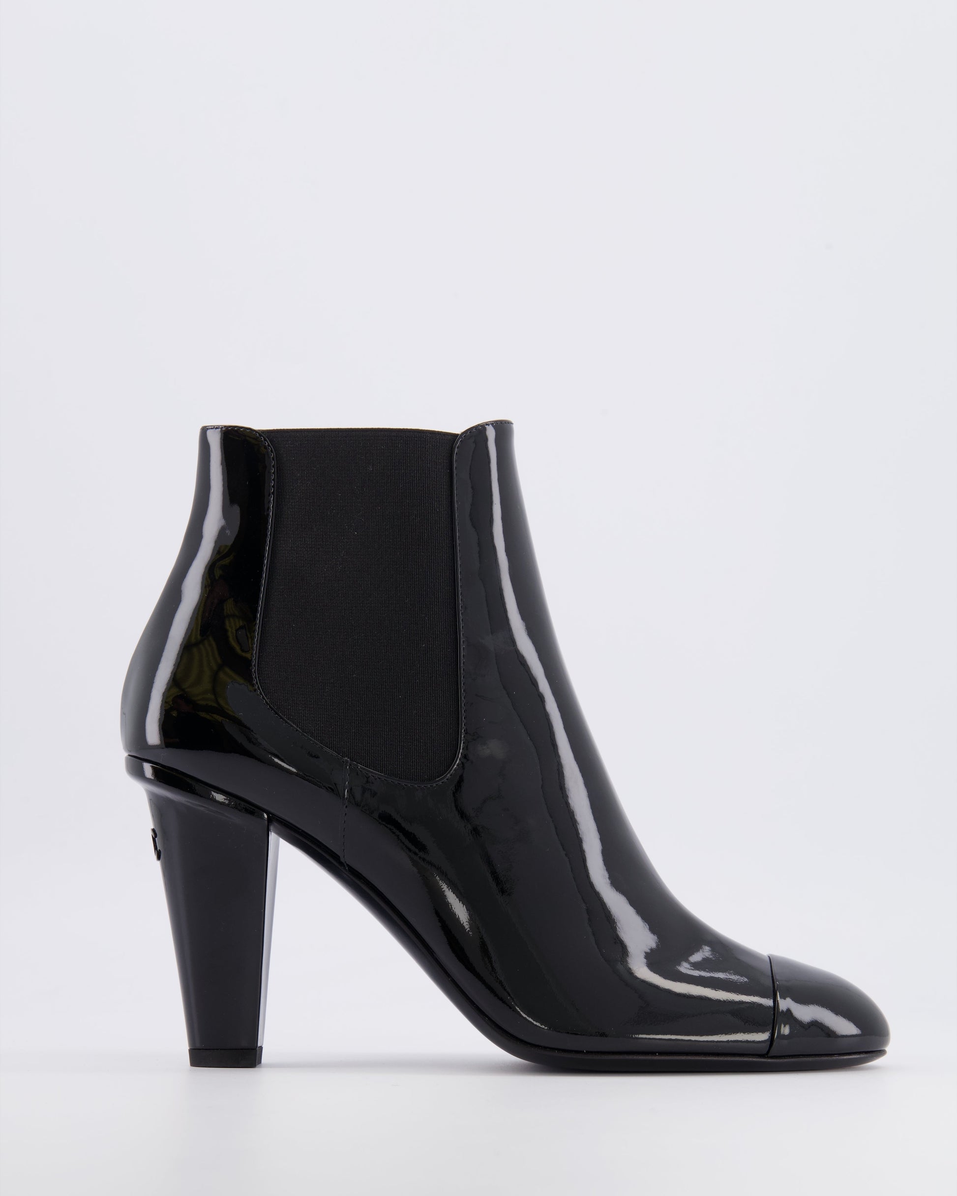 Chanel Black Patent Leather Heeled Ankle Boots with Black CC Logo Detail Size EU 40