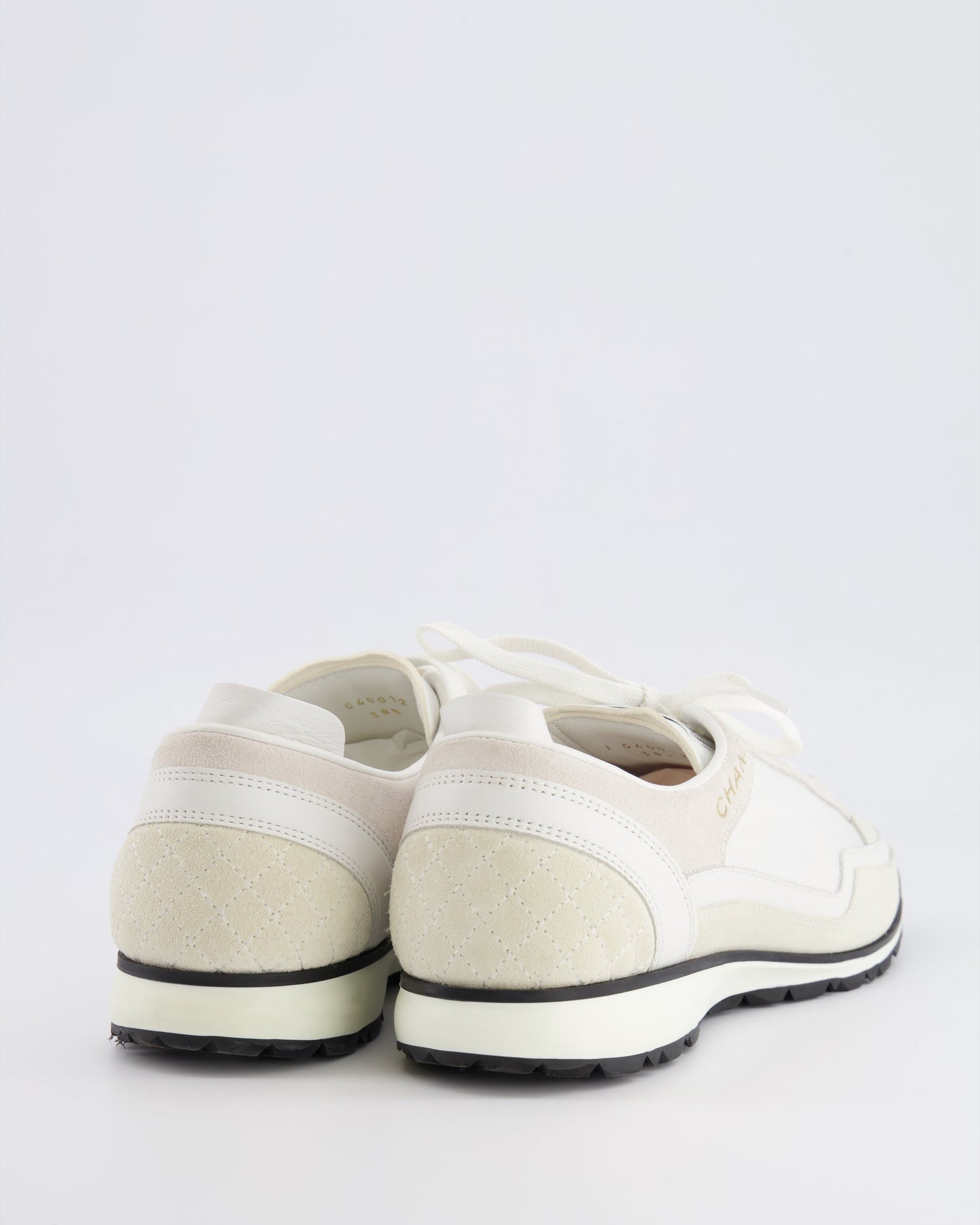 Chanel Cream Suede and Leather Trainers with Black Soles and Gold Metallic Logo Details Size EU 38.5