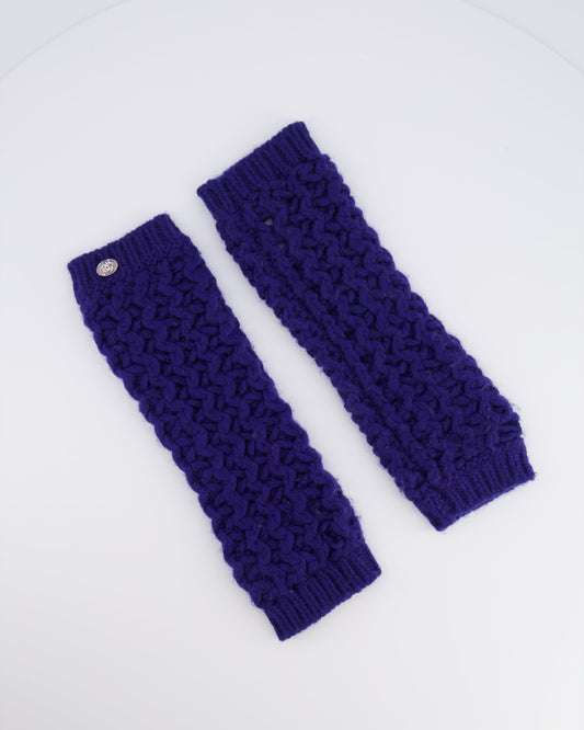 Chanel Resort 2023 Blue Knitted Wool Handwarmers with Multi-Colour Crystal Embellished CC Logo Detail Size S