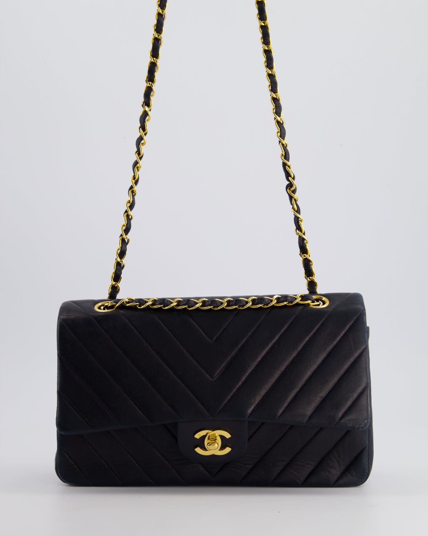 Chanel Navy Classic Medium Chevron Double Flap Bag in Lambskin Leather with Gold Hardware