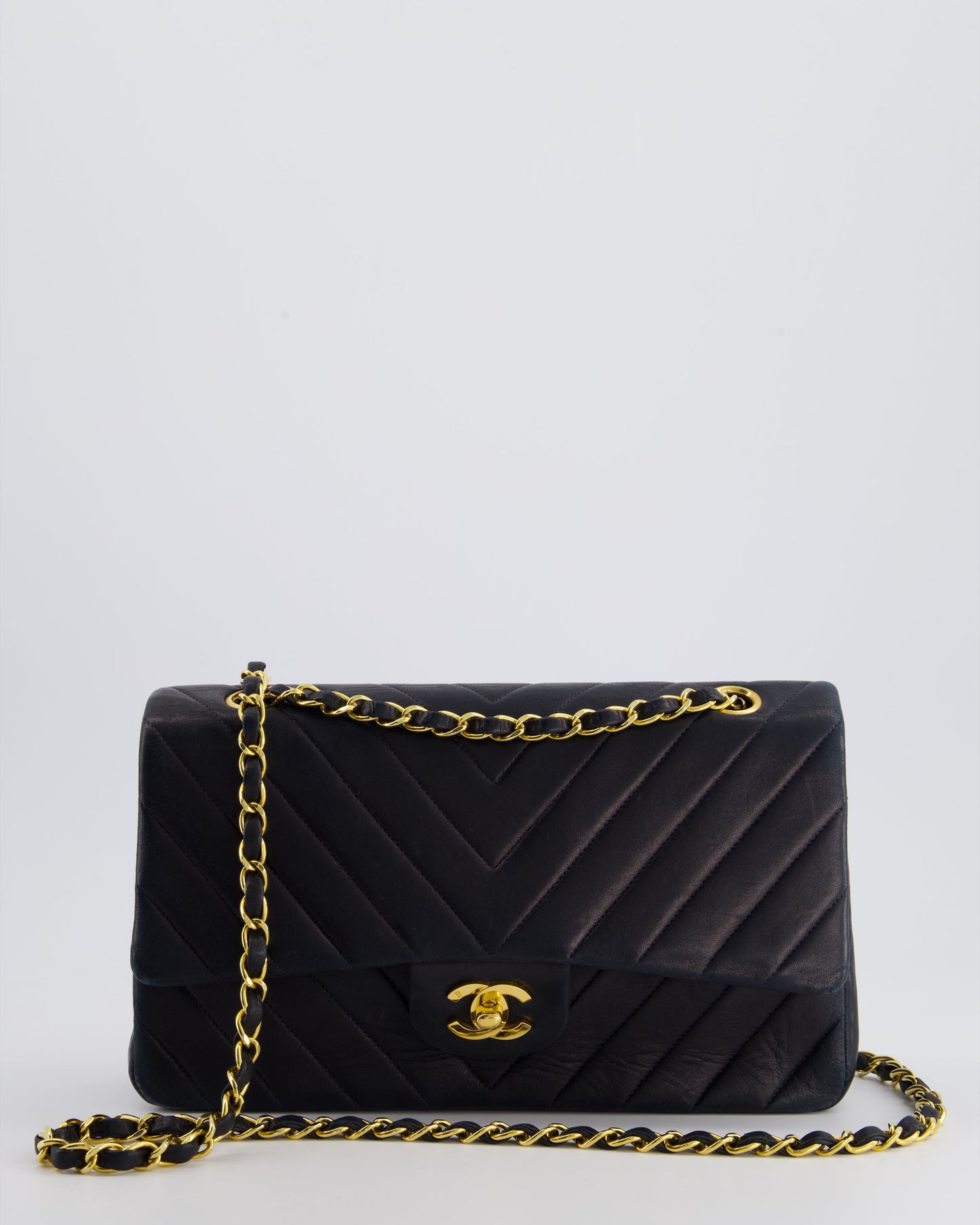 Chanel Navy Classic Medium Chevron Double Flap Bag in Lambskin Leather with Gold Hardware