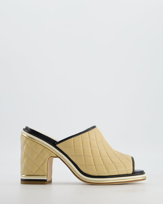 Chanel Beige and Black Quilted Leather Heel Mules with CC Black Logo Detail Size EU 37