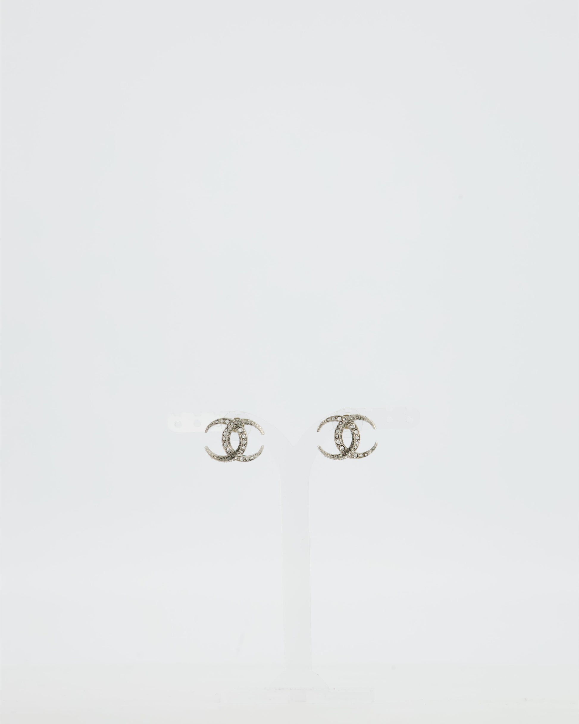Chanel 2015 Silver CC Stud Earrings with Crystal Details