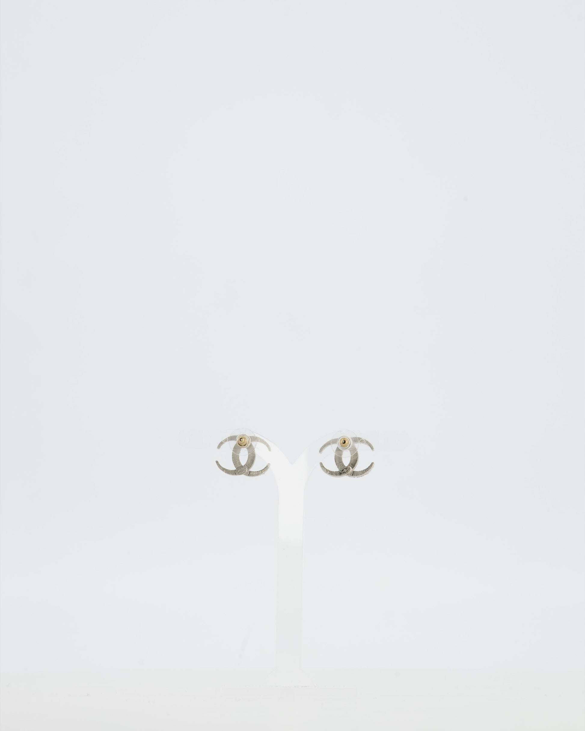 Chanel 2015 Silver CC Stud Earrings with Crystal Details