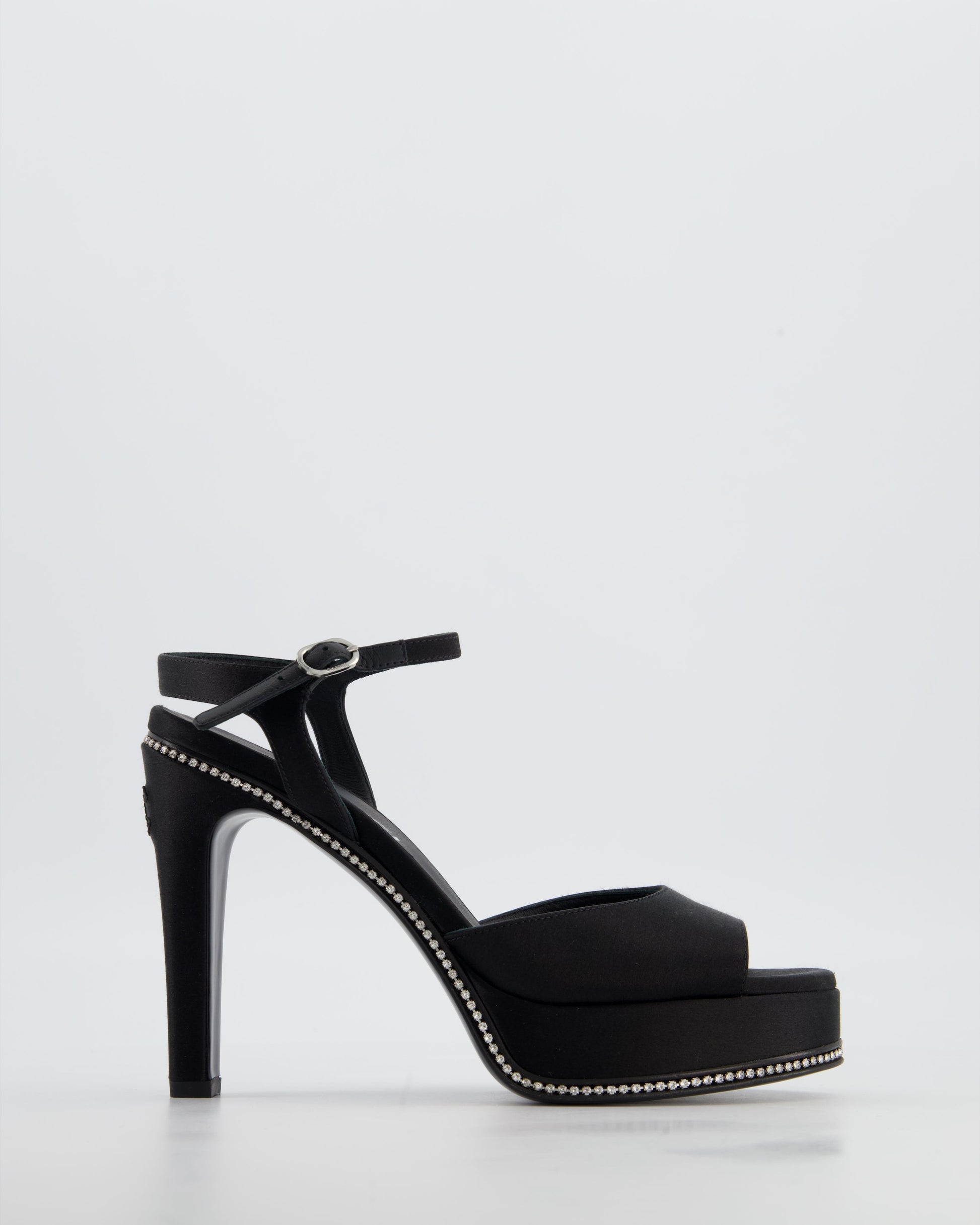 Chanel 23S Black Platform Open Toe Heels in Satin with Crystals & Stitched CC Logo Details Size EU 37 RRP £1,470