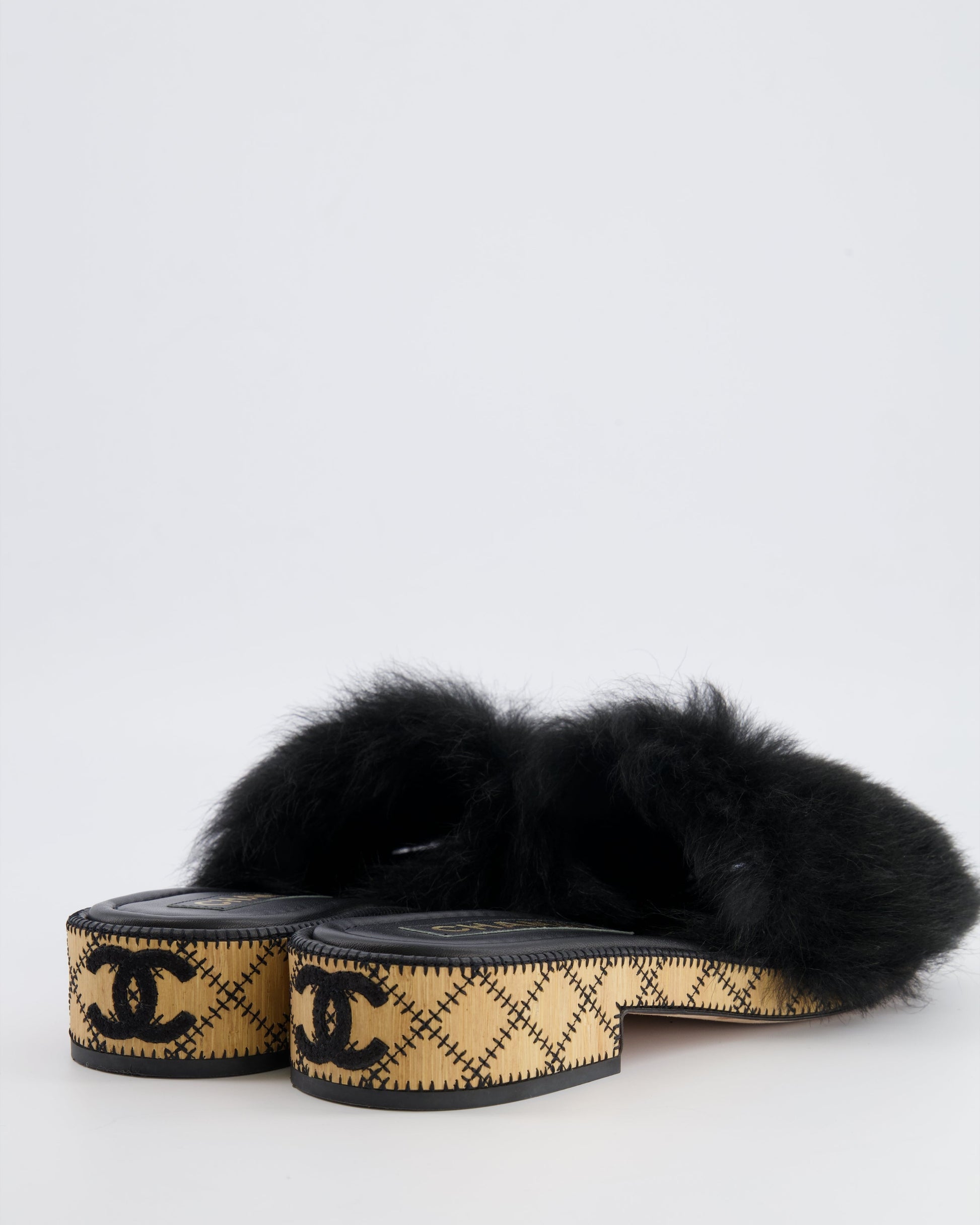 Chanel 22B Black Shearling Mules with CC Logo Details and Wooden Sole Size 39