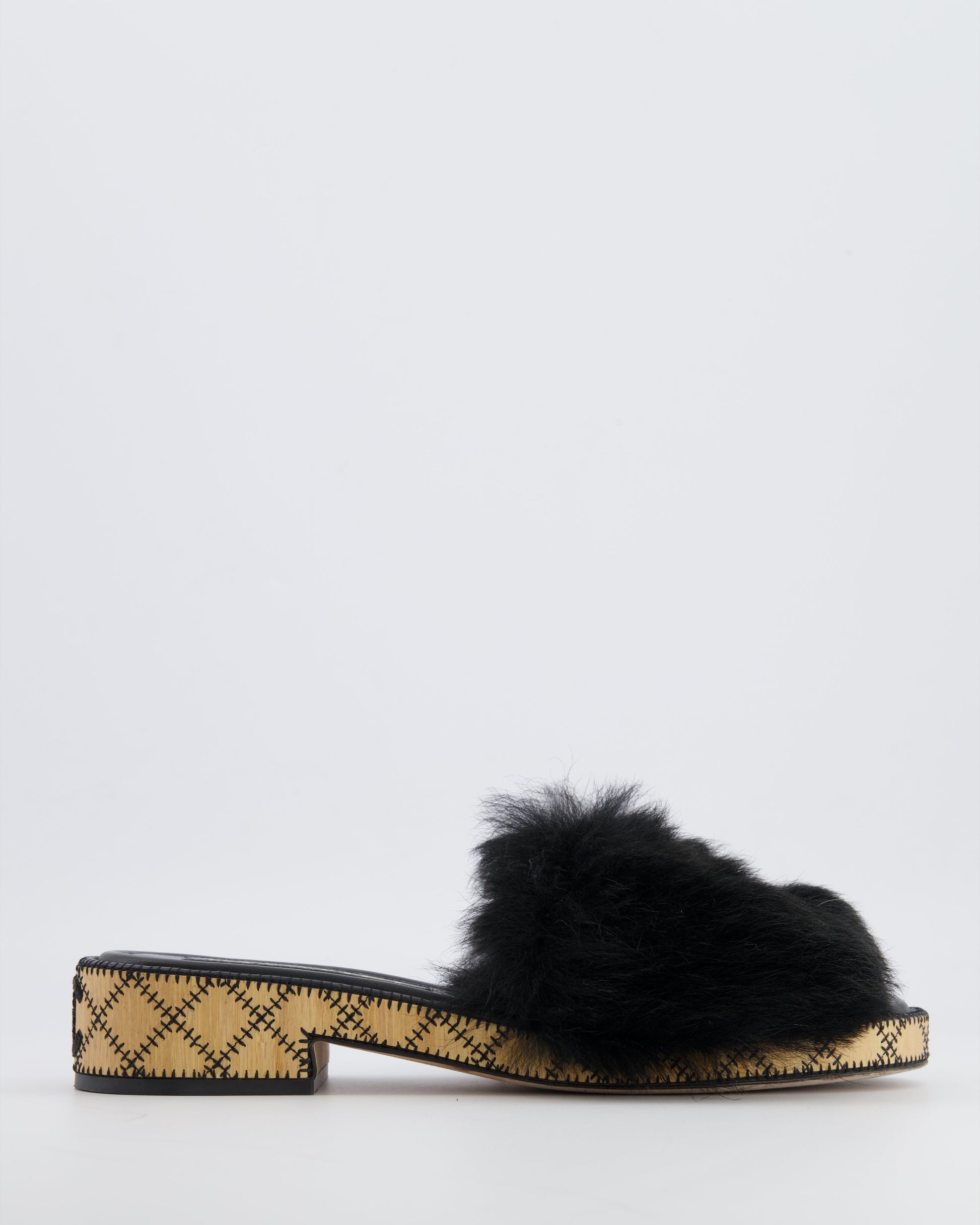 Chanel 22B Black Shearling Mules with CC Logo Details and Wooden Sole Size 39