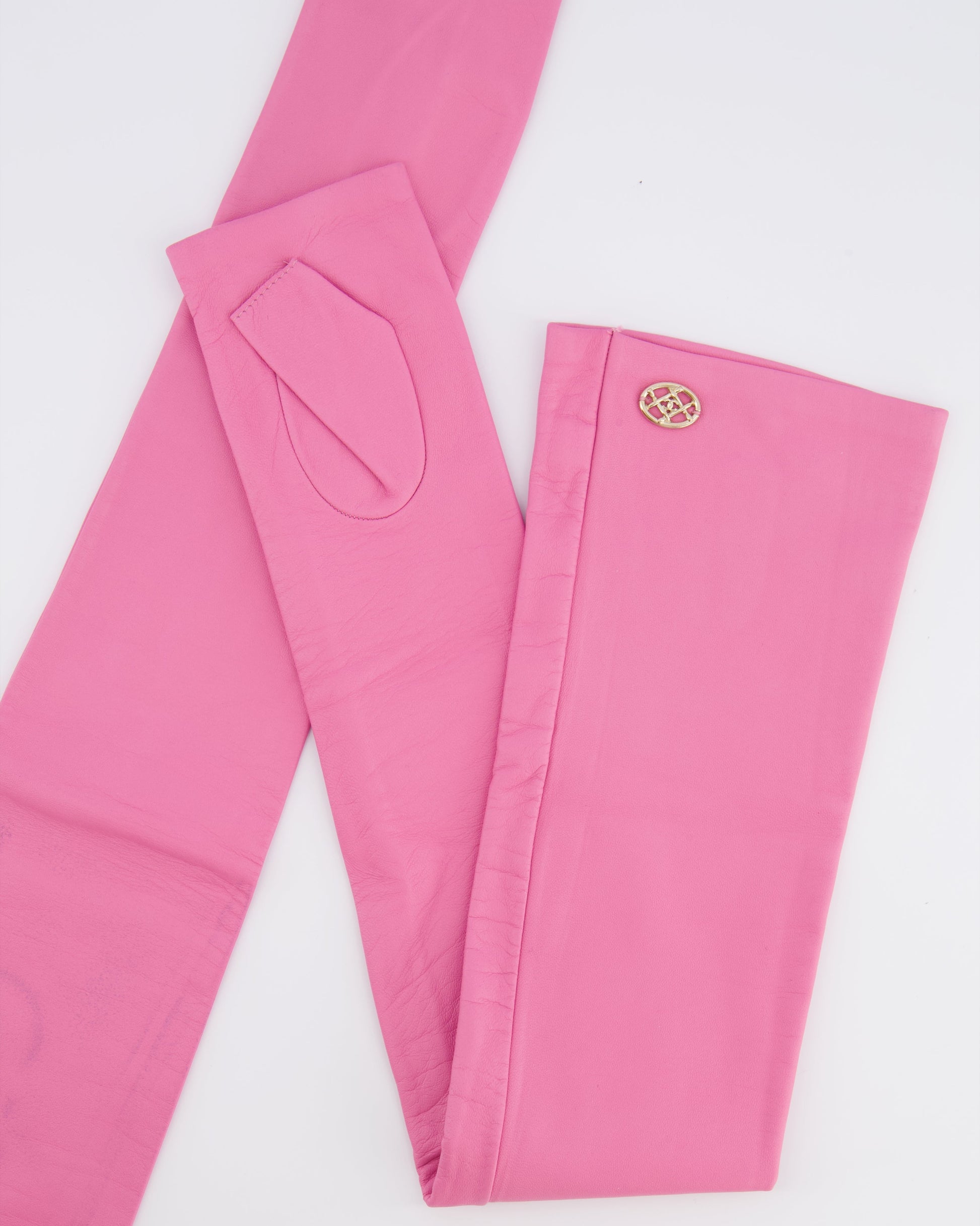 Chanel 18K Pink Lambskin Leather Long Mitten Gloves with Gold CC Logo Details Size 6 1/2