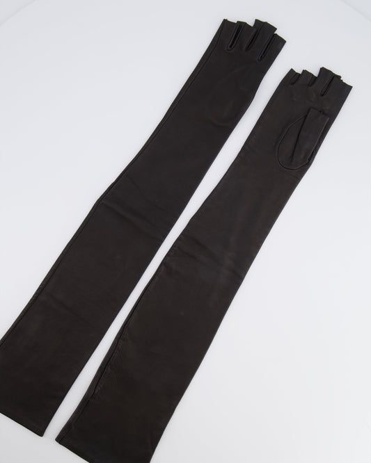 Chanel Black Lambskin Leather Long Gloves Size 6 1/2
