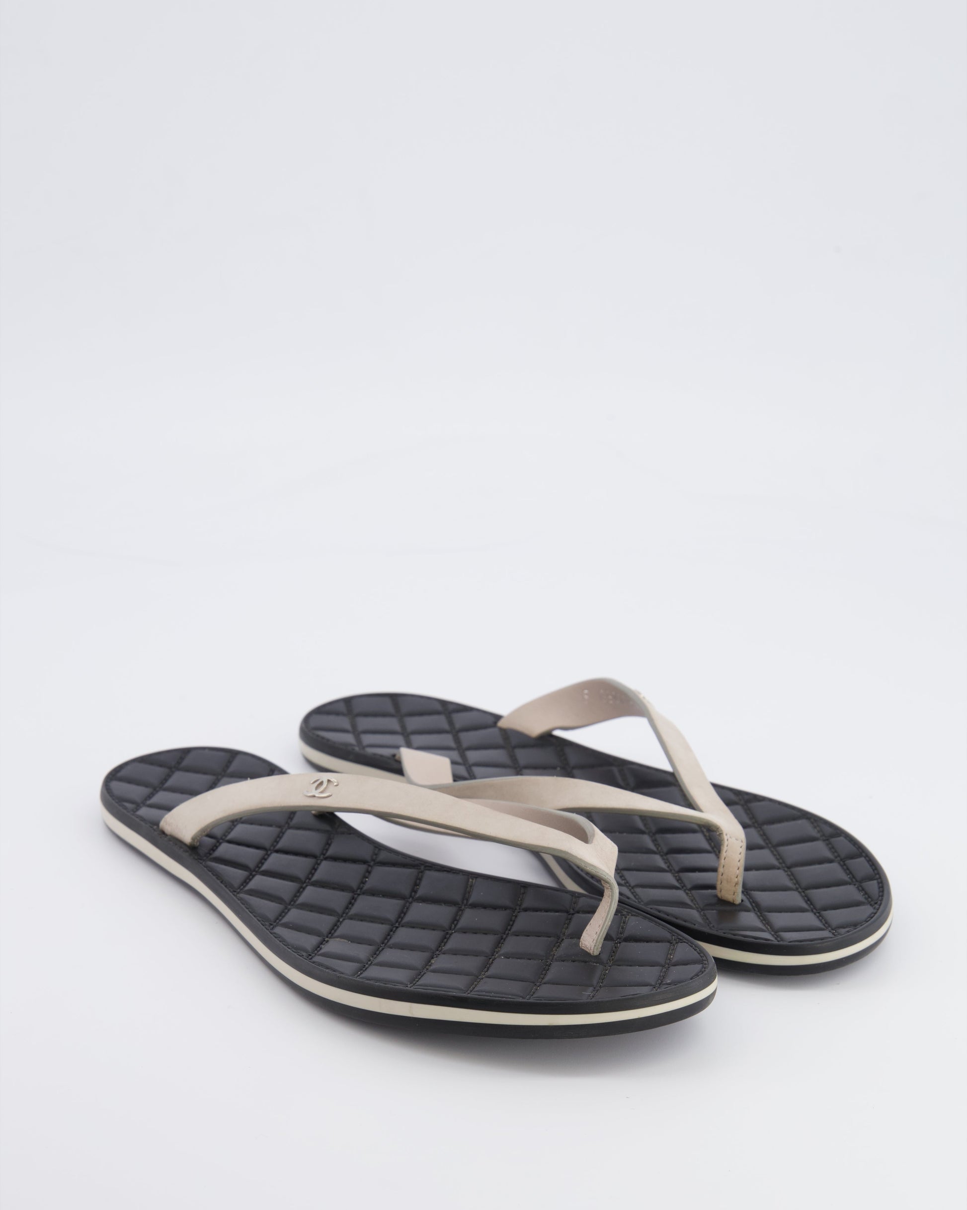 Chanel Spring 2015 Beige Suede Flip Flops with Silver CC Logo and Black Matelasse Sole Size 38