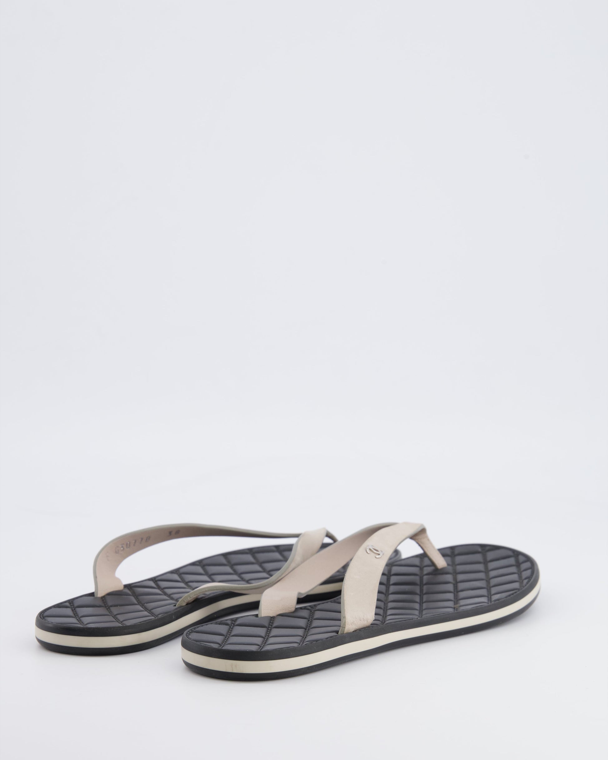 Chanel Spring 2015 Beige Suede Flip Flops with Silver CC Logo and Black Matelasse Sole Size 38