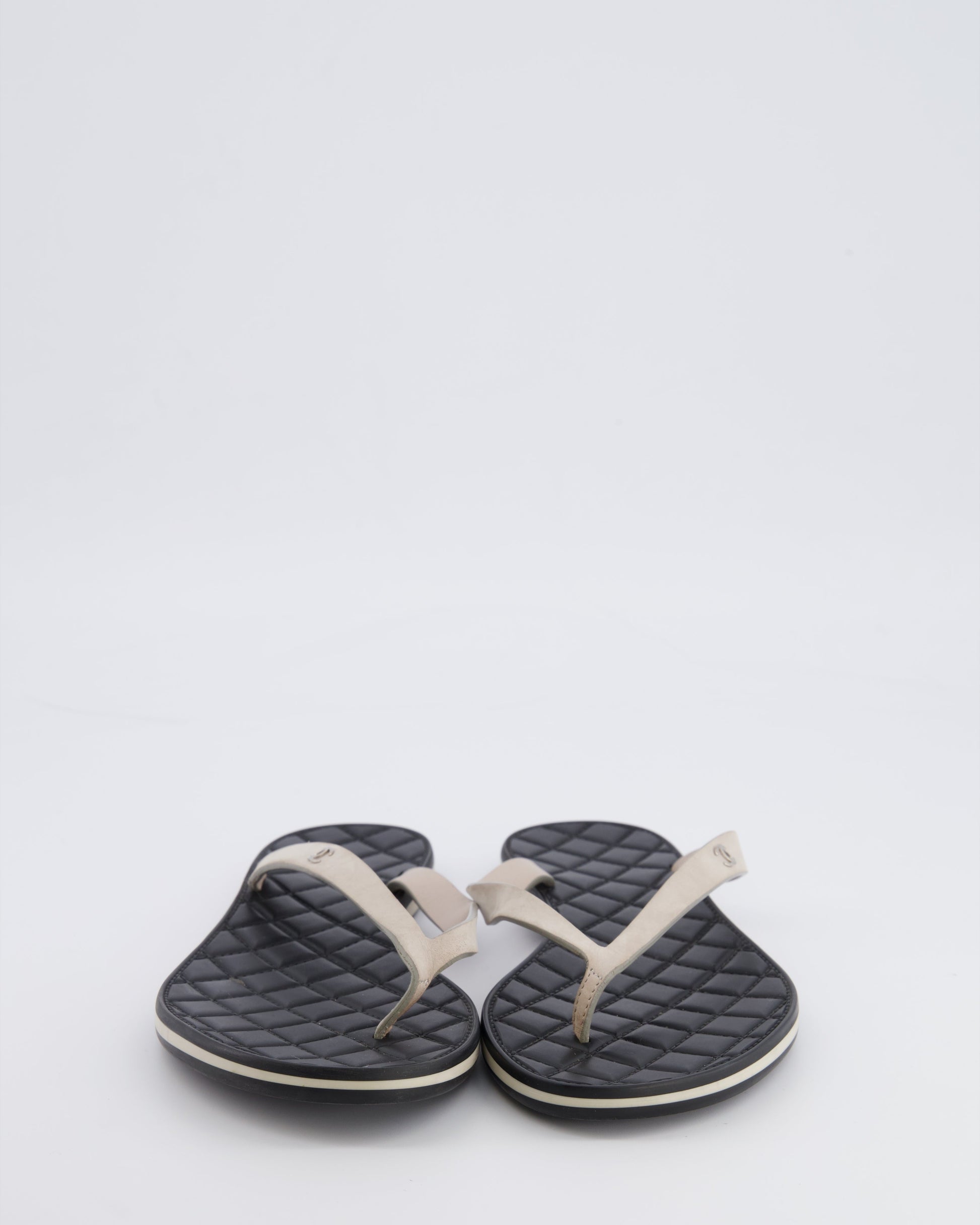 Chanel Spring 2015 Beige Suede Flip Flops with Silver CC Logo and Black Matelasse Sole Size 38