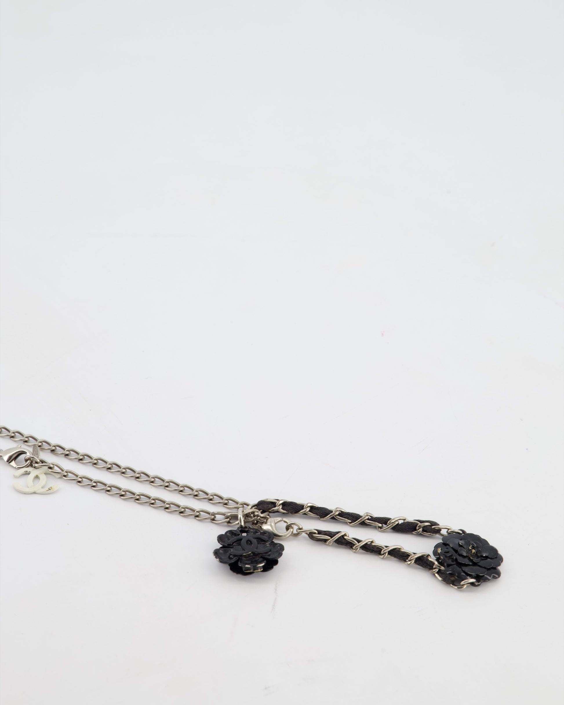 Chanel Set Silver Chain Necklace with Camellia Pendant and Silver and Black Camellia Bracelet