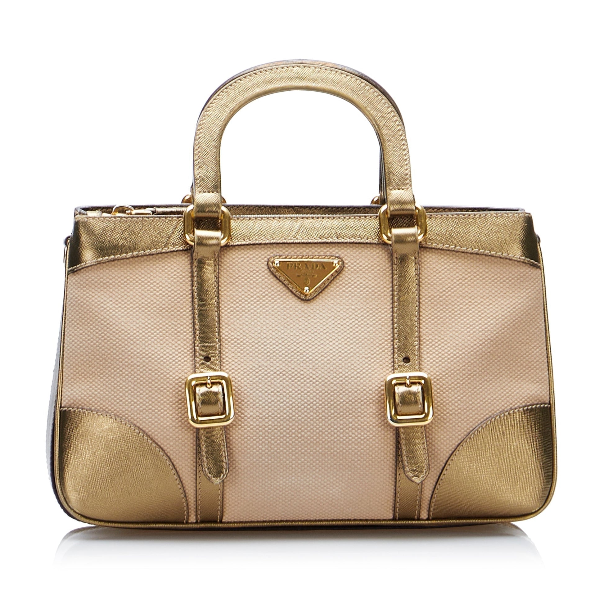 Prada Handbag Trimmed Canvas Saffiano Beige Travel Bag