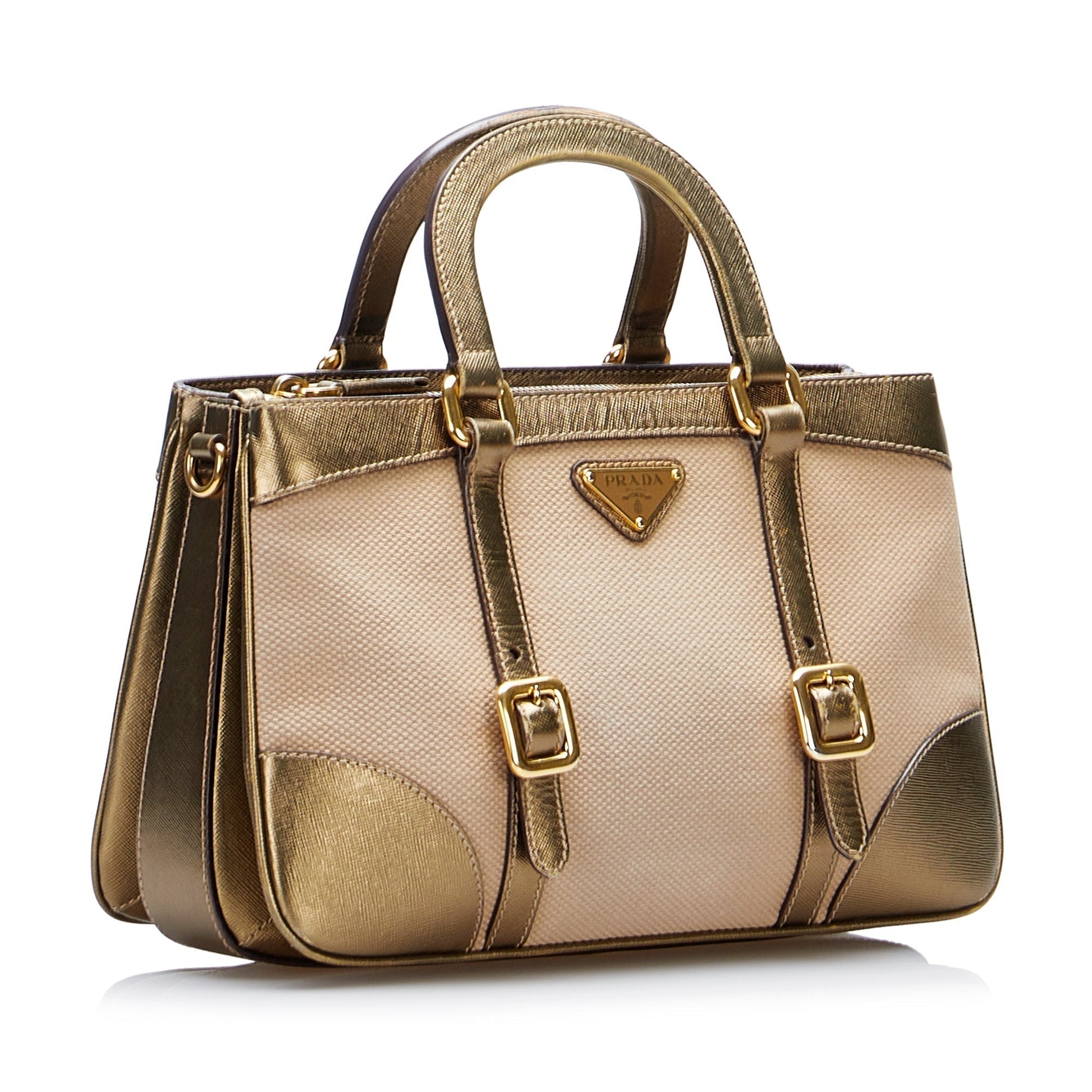 Prada Handbag Trimmed Canvas Saffiano Beige Travel Bag
