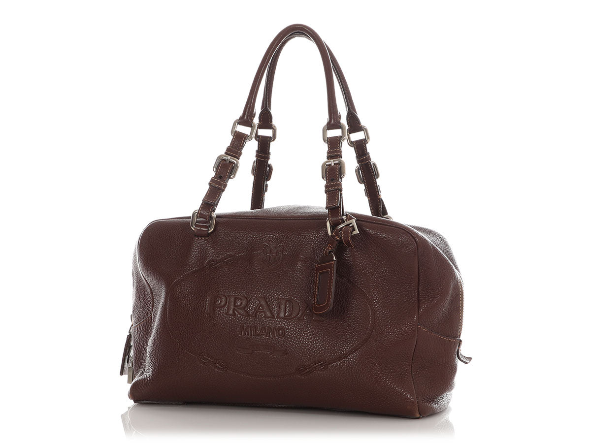 Prada Daino Bauletto Bag Vitello Brown Logo Travel Bag