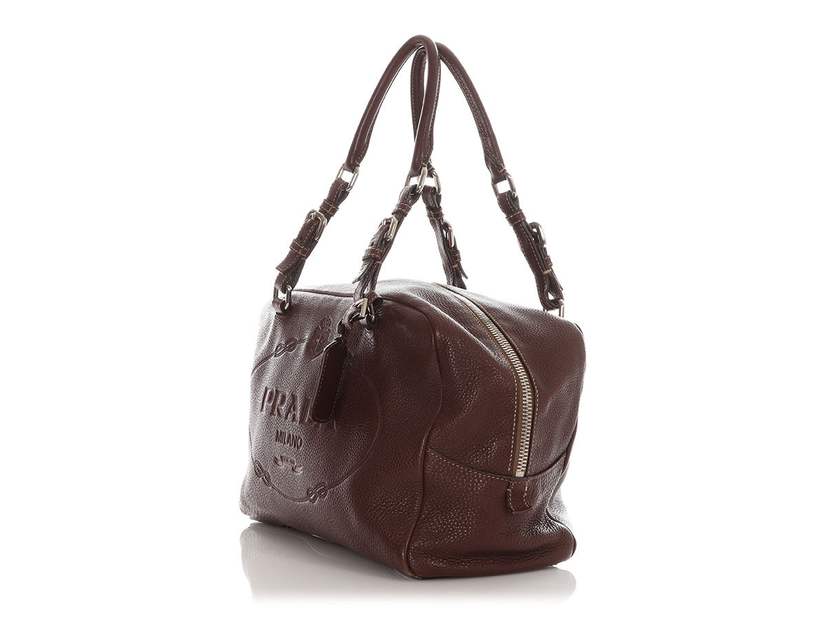 Prada Daino Bauletto Bag Vitello Brown Logo Travel Bag