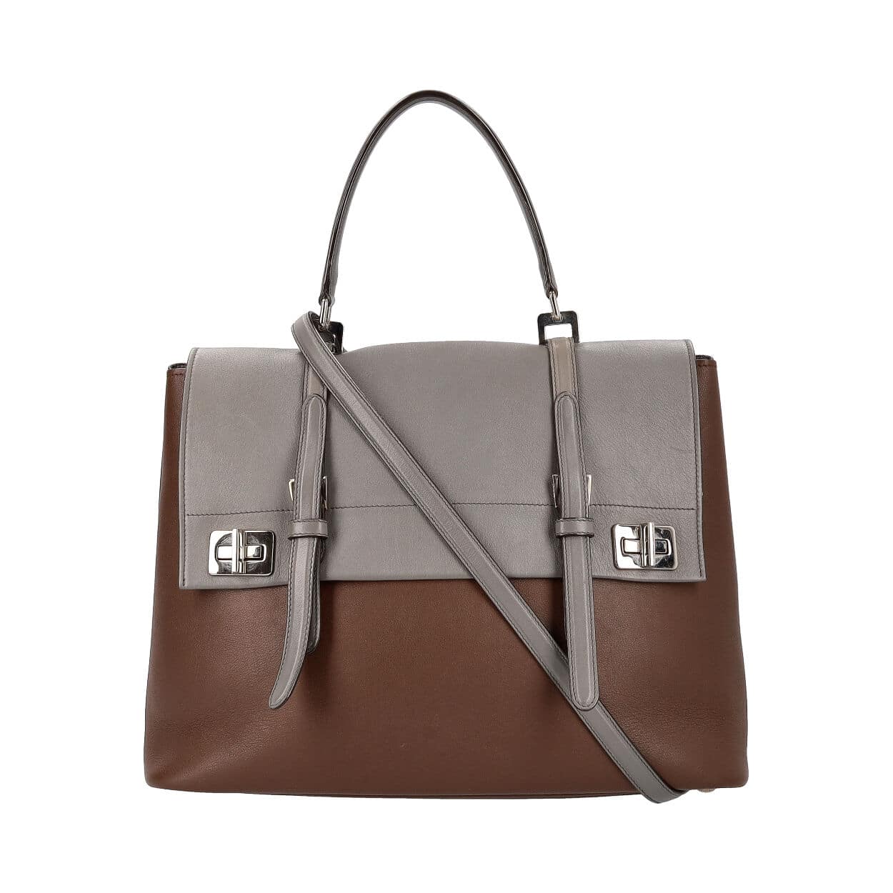 Prada Double Twist Lock Satchel Grey Leather Brown Gray Satchel Bag